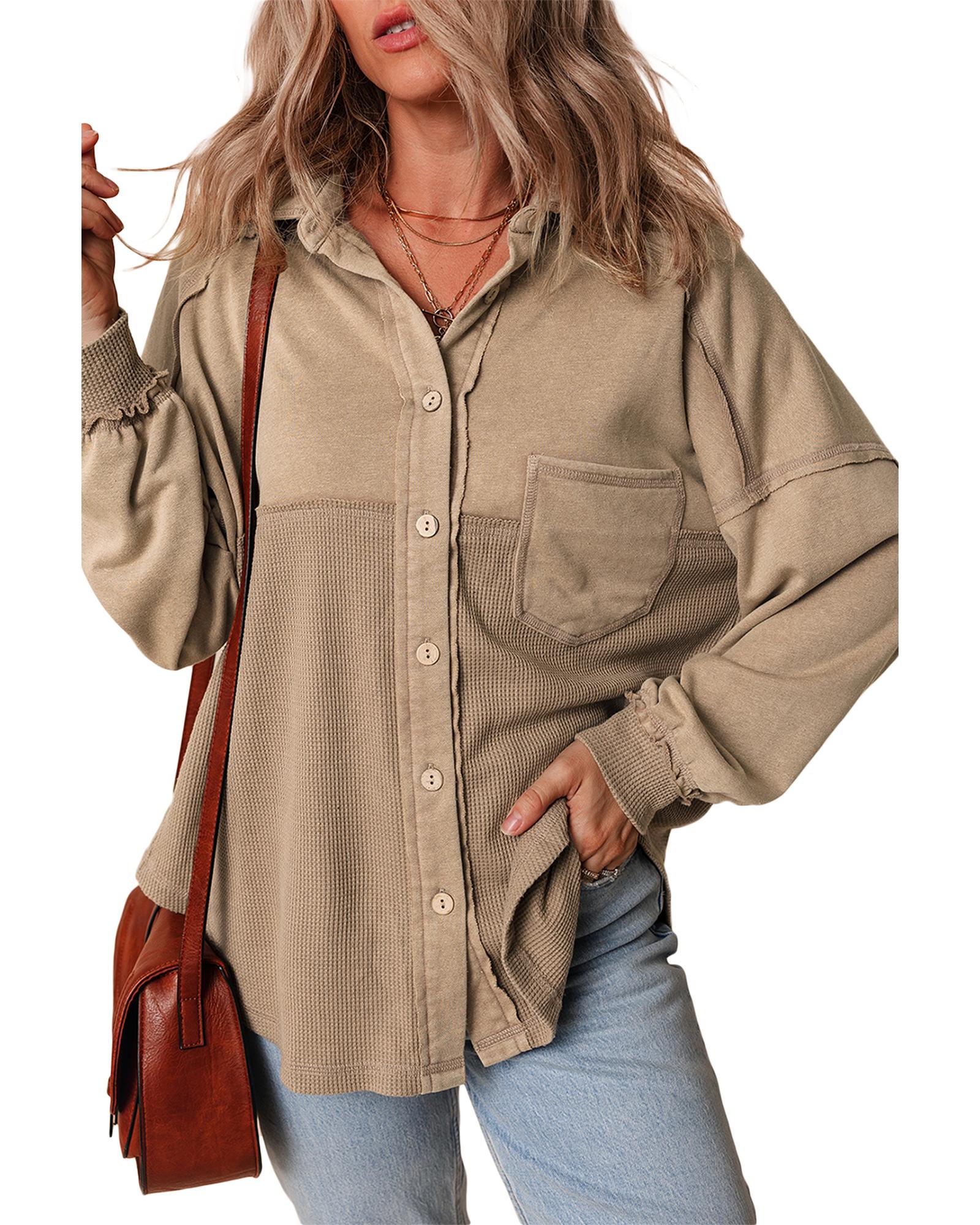 Goat Mineral Wash Textured Patchwork Loose Fit Shacket - L 3