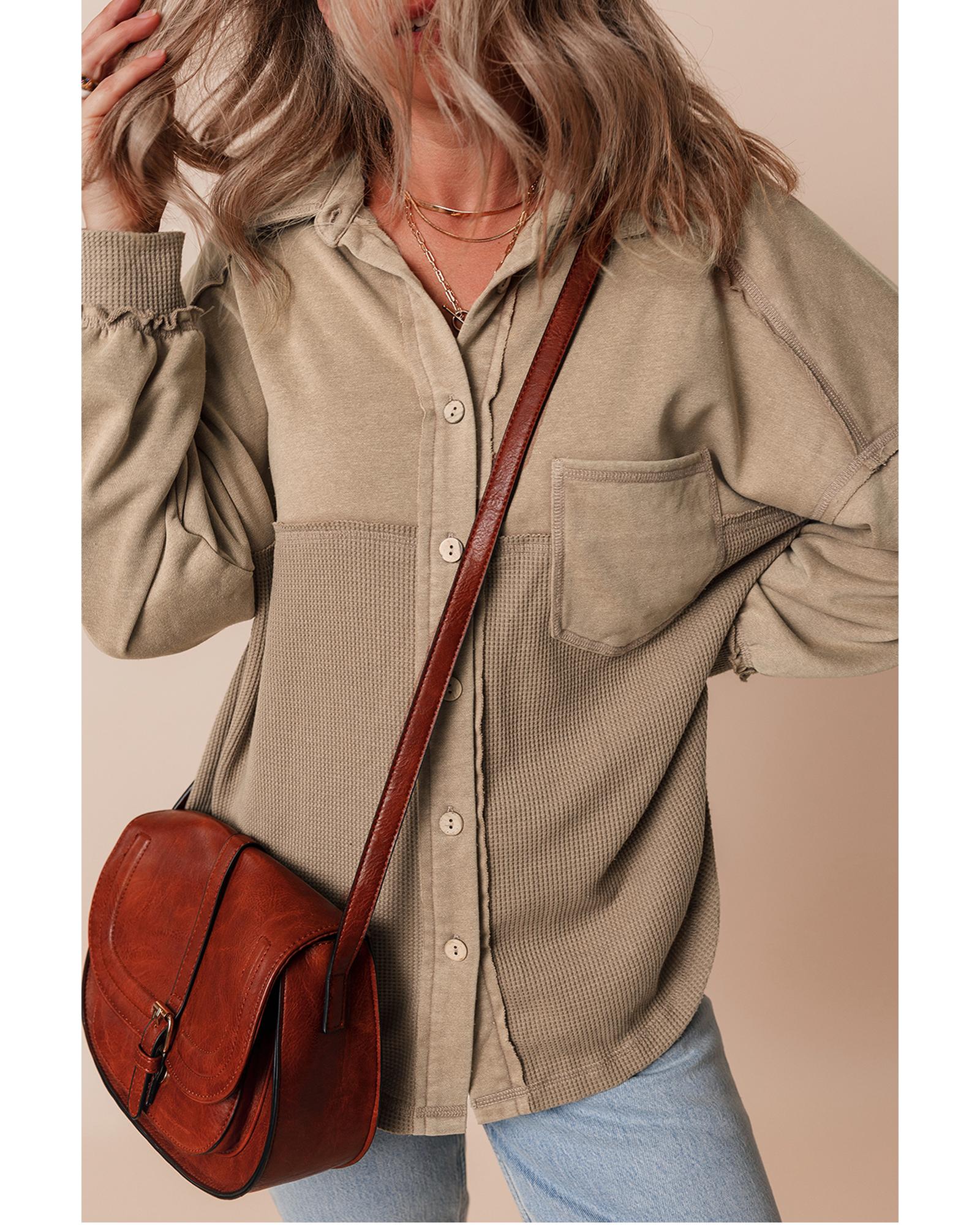 Goat Mineral Wash Textured Patchwork Loose Fit Shacket - L 8