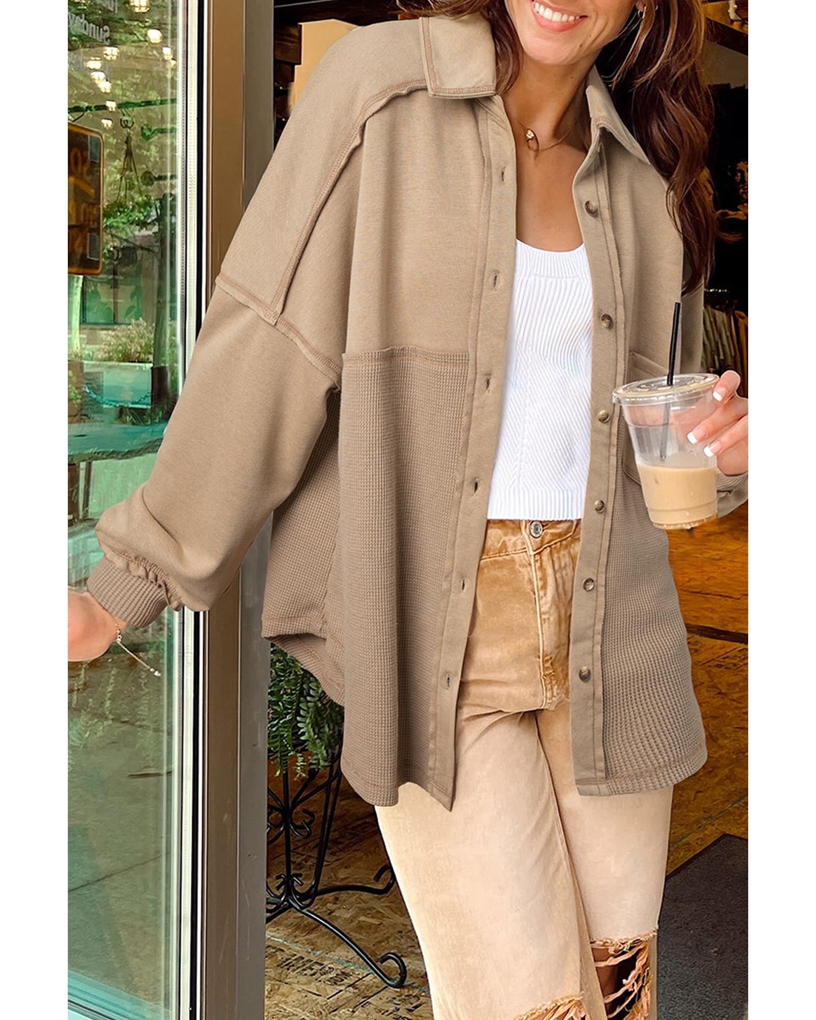 Goat Mineral Wash Textured Patchwork Loose Fit Shacket - M 4