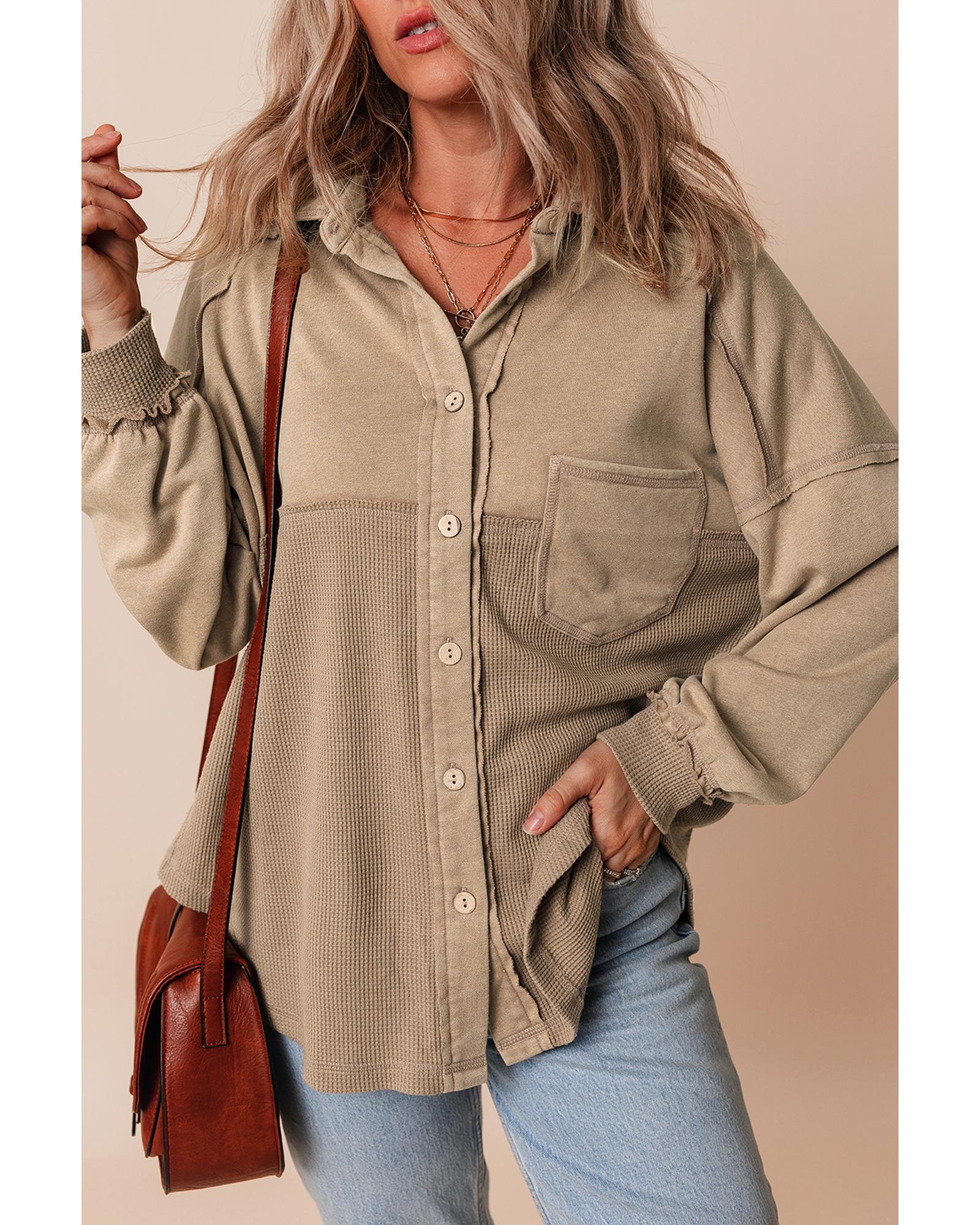 Goat Mineral Wash Textured Patchwork Loose Fit Shacket - M 5