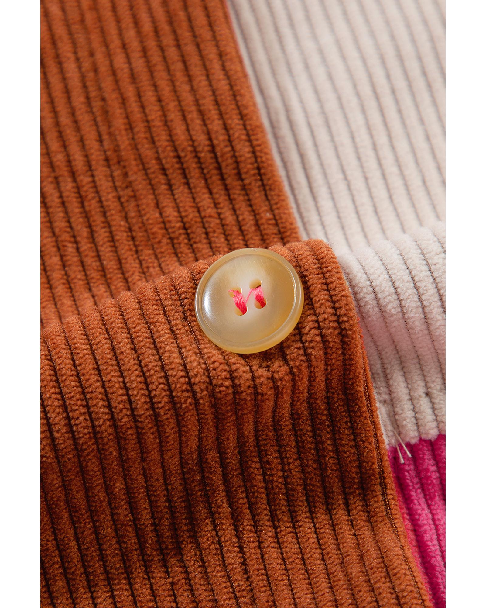Rose Red Colorblock Curved Hem Corduroy Shacket with Pocket - L