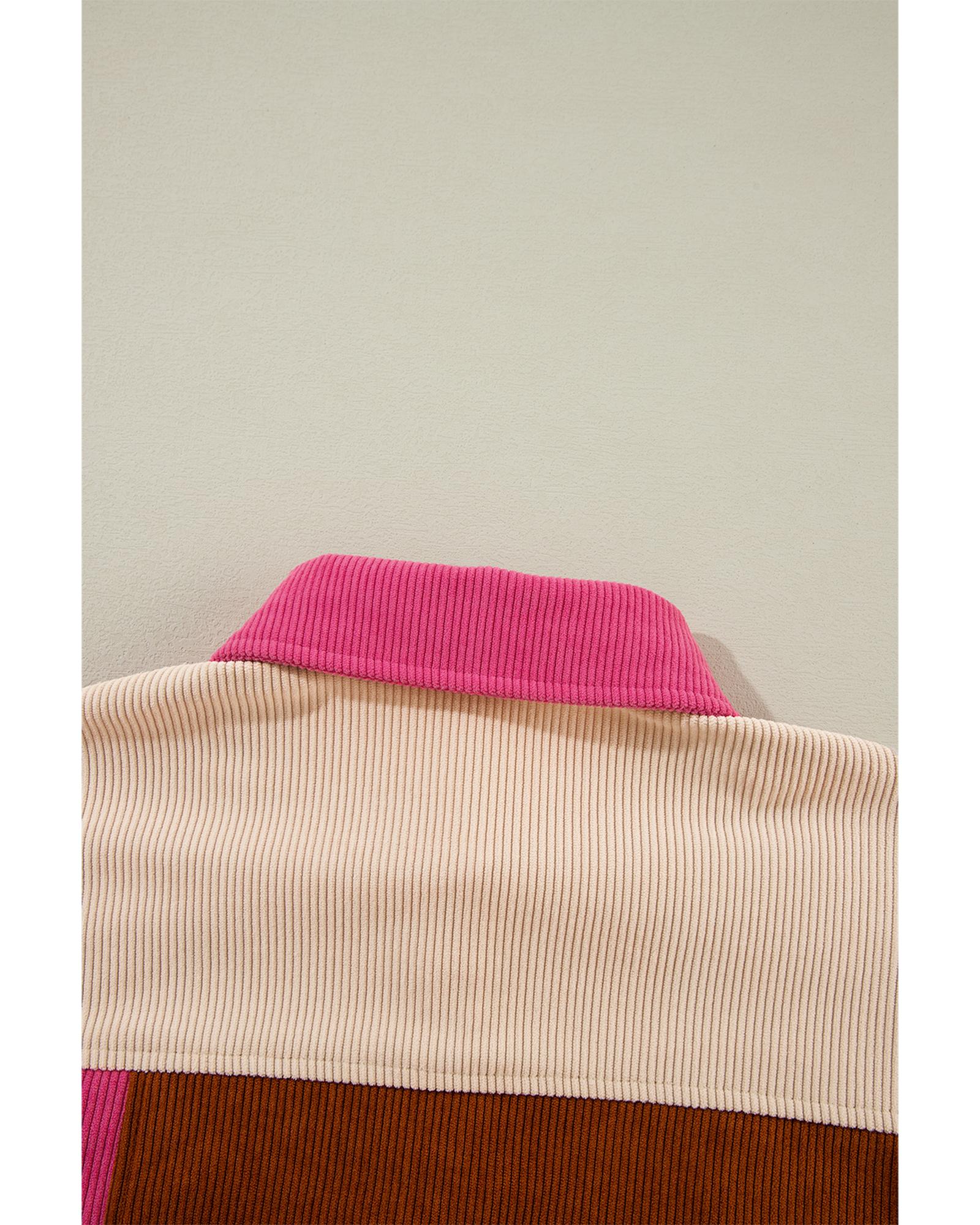 Rose Red Colorblock Curved Hem Corduroy Shacket with Pocket - M