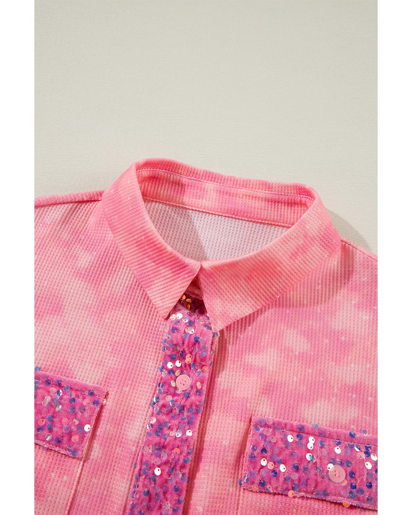 Apricot Pink Mineral Wash Sequin Patchwork Flap Pocket Shacket - M 6