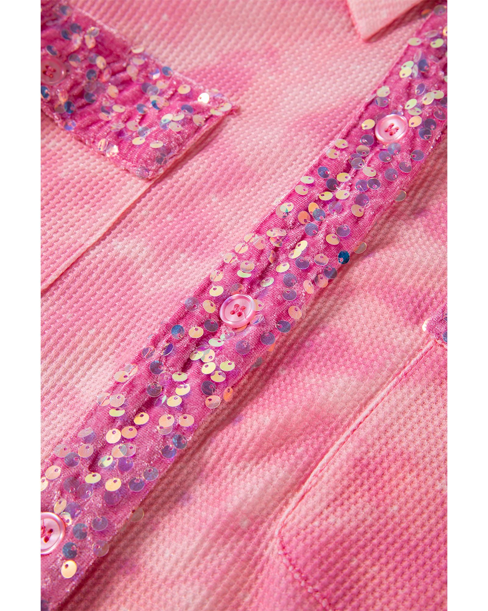 Apricot Pink Mineral Wash Sequin Patchwork Flap Pocket Shacket - S