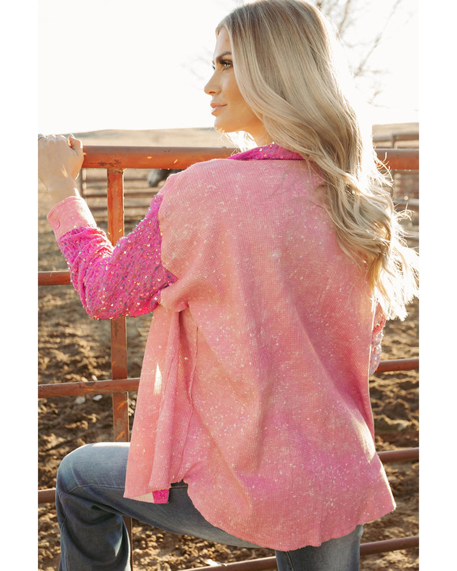 Apricot Pink Mineral Wash Sequin Patchwork Flap Pocket Shacket - S 3