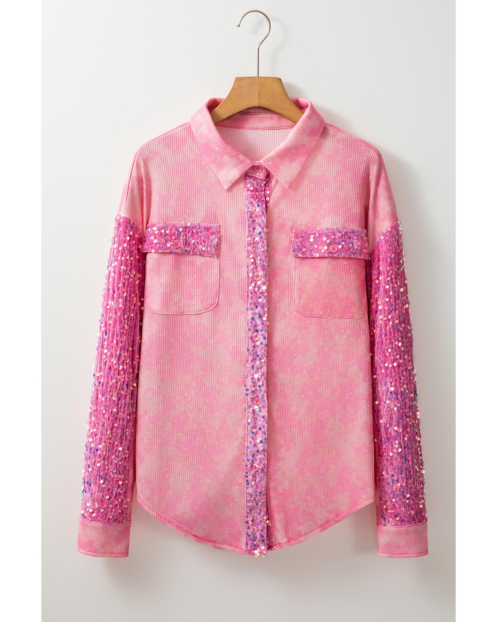 Apricot Pink Mineral Wash Sequin Patchwork Flap Pocket Shacket - S 6
