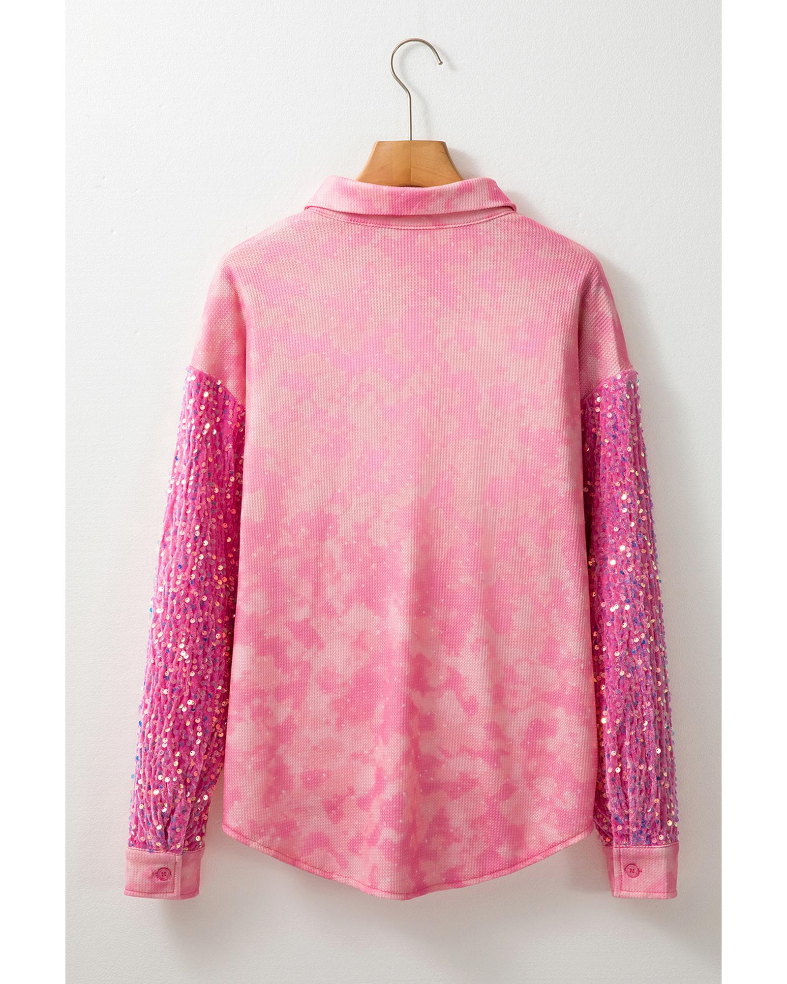 Apricot Pink Mineral Wash Sequin Patchwork Flap Pocket Shacket - XL