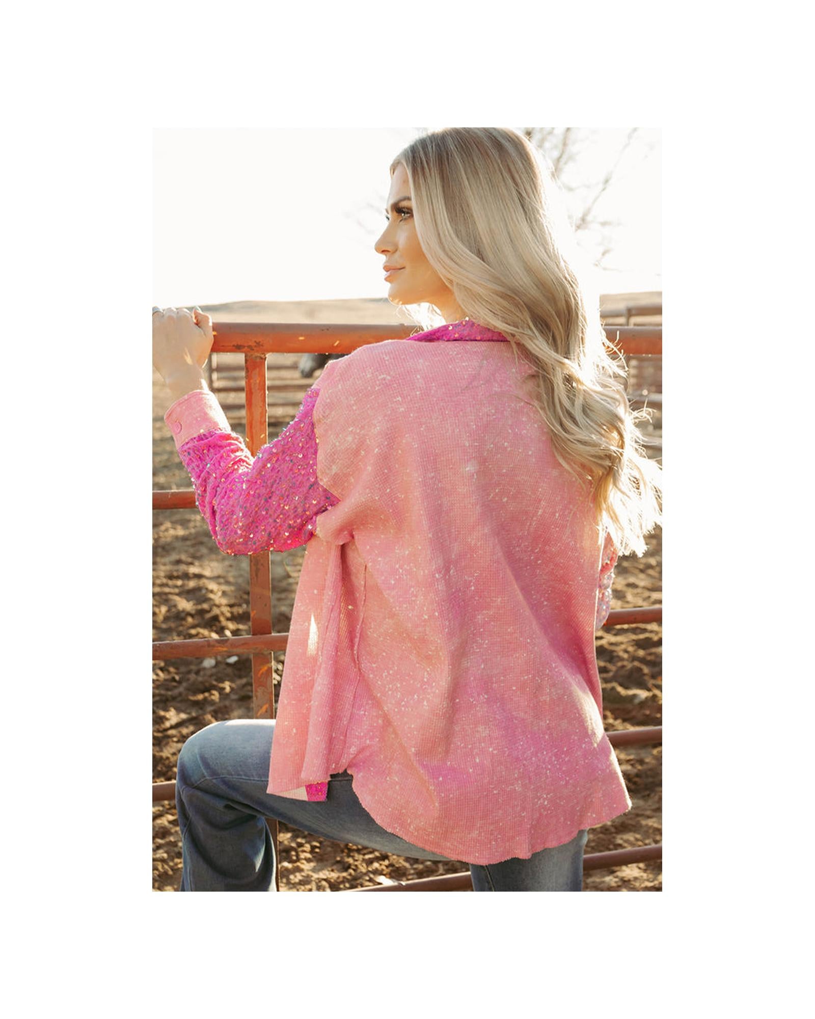Apricot Pink Mineral Wash Sequin Patchwork Flap Pocket Shacket - XL 4