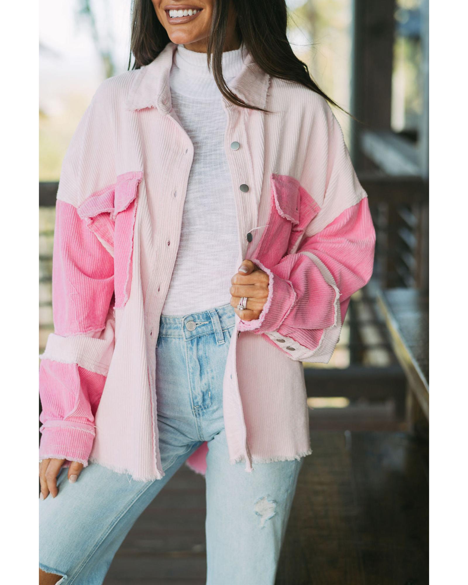 Delicacy Two-tone Color Exposed Seam Corduroy Shacket - L