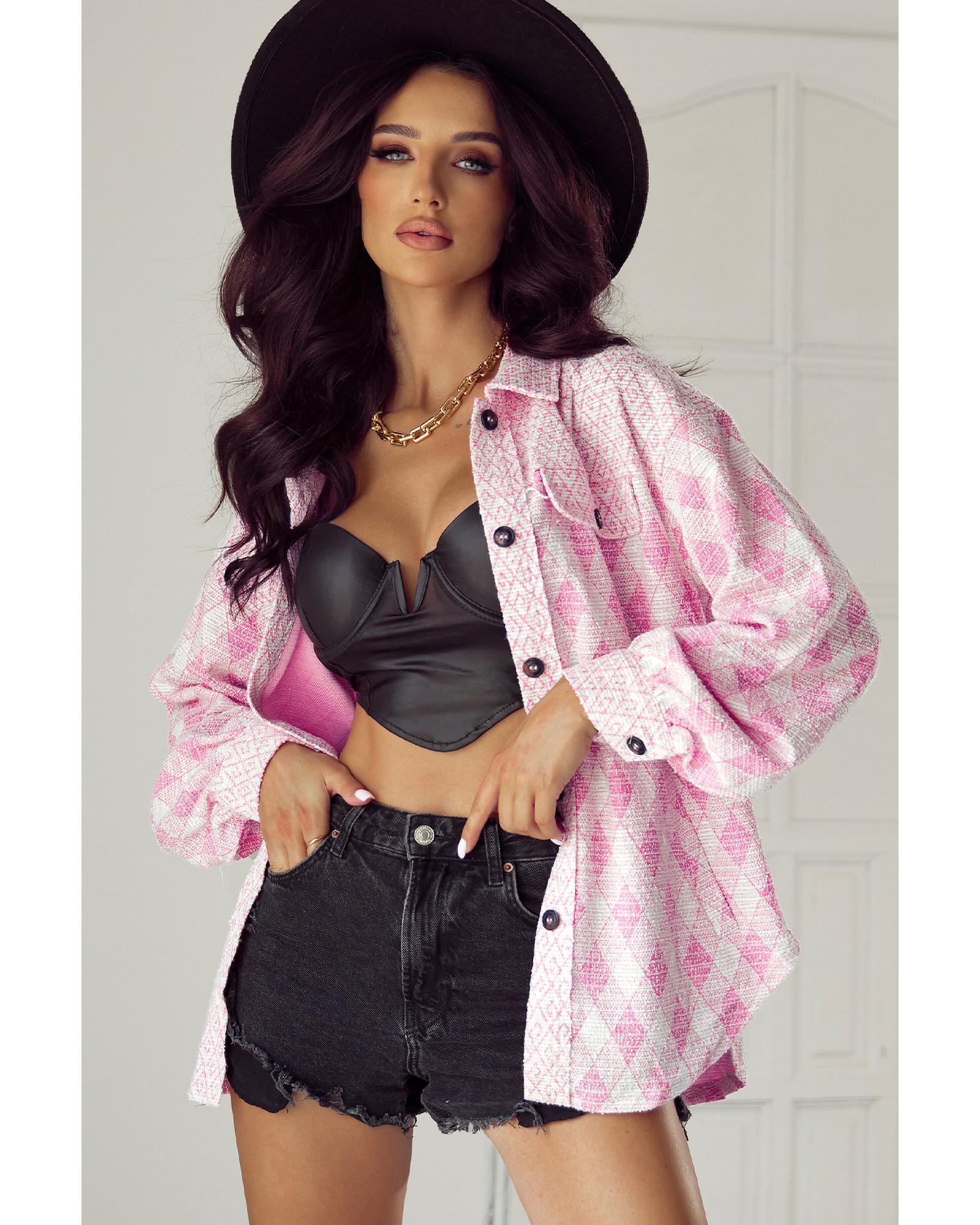 Delicacy Geometric Print Textured Flap Detail Shacket with Pocket - L