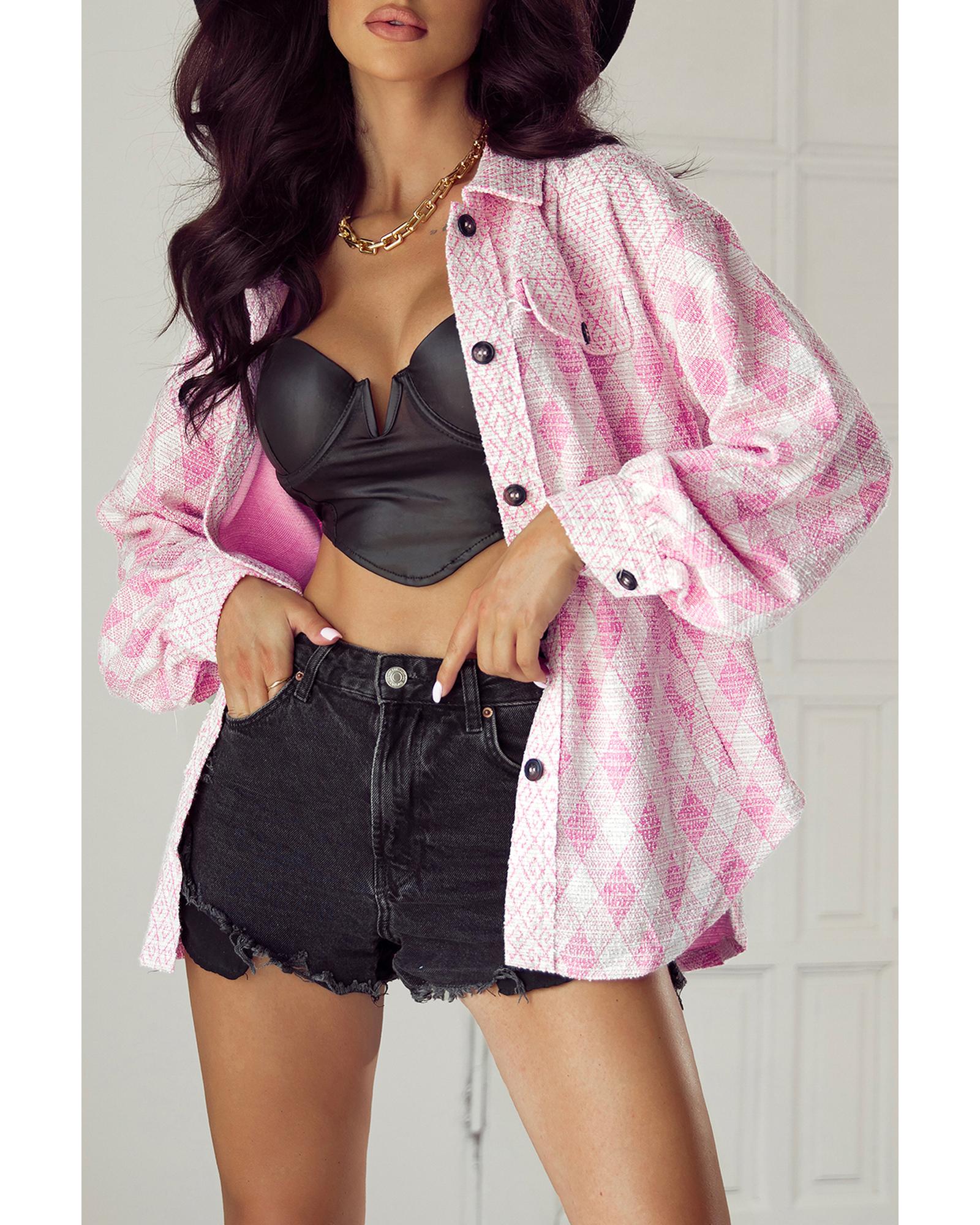 Delicacy Geometric Print Textured Flap Detail Shacket with Pocket - M 6