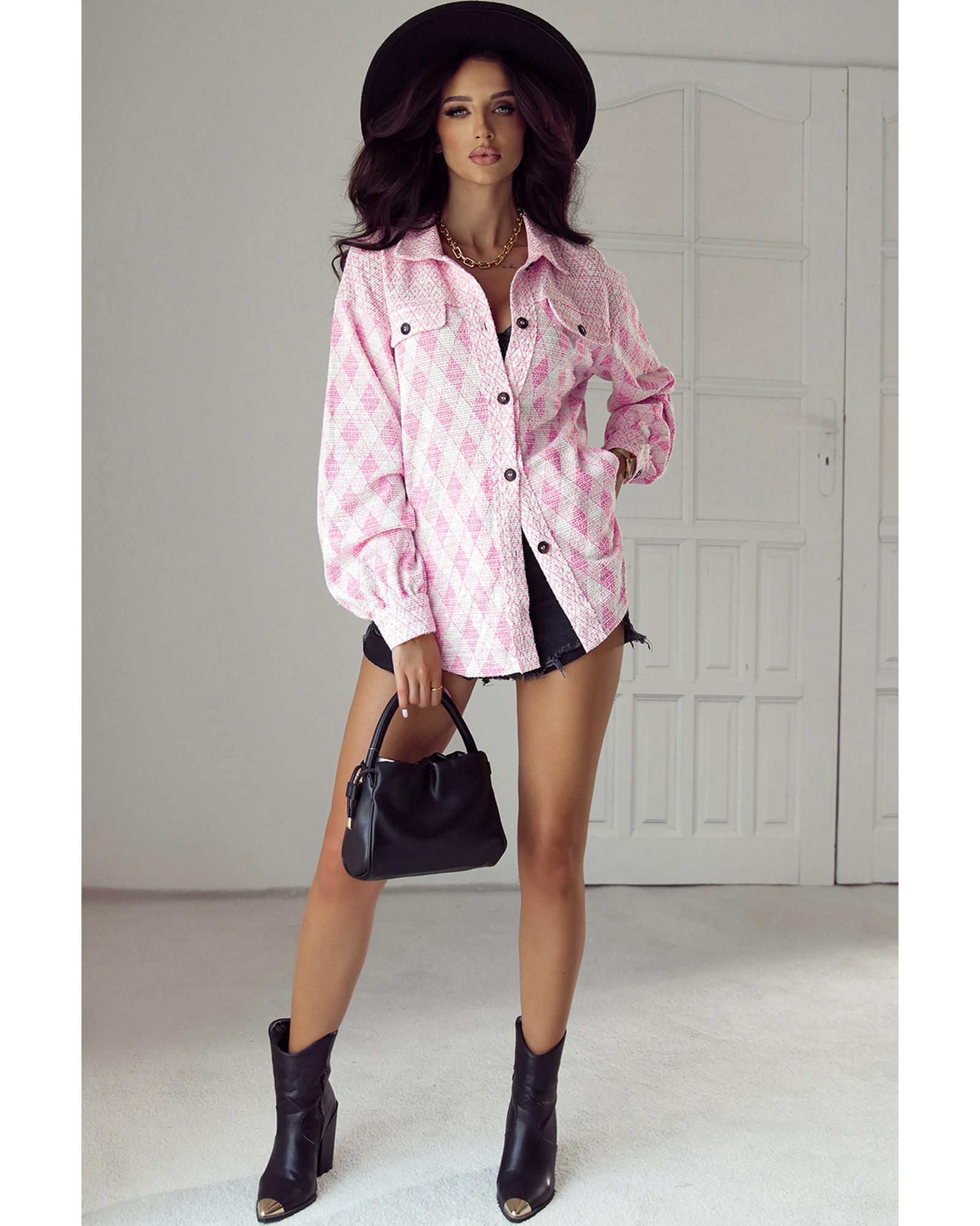 Delicacy Geometric Print Textured Flap Detail Shacket with Pocket - S 5