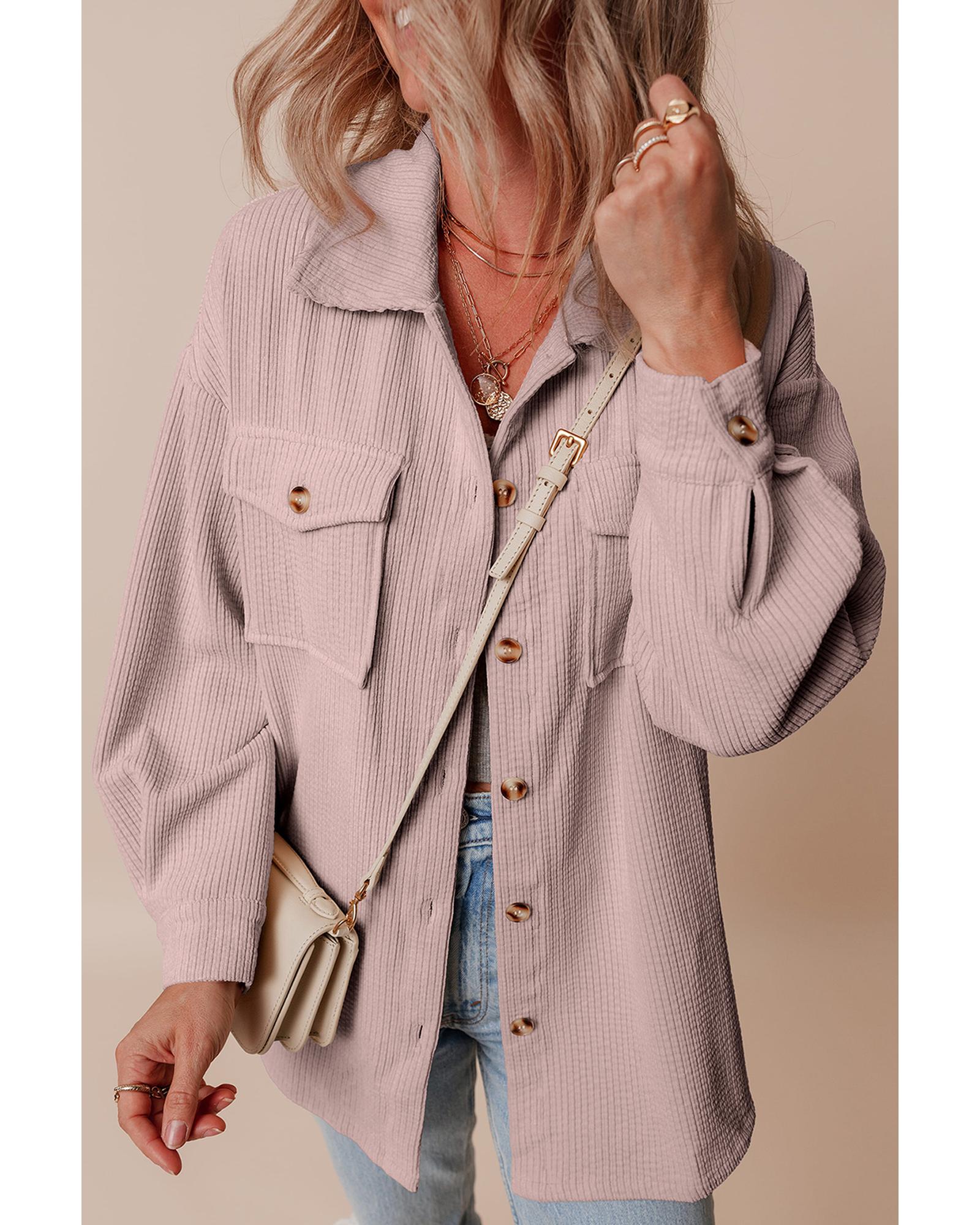 Light Pink Corduroy Flap Pocket Button Up Shacket - M 4