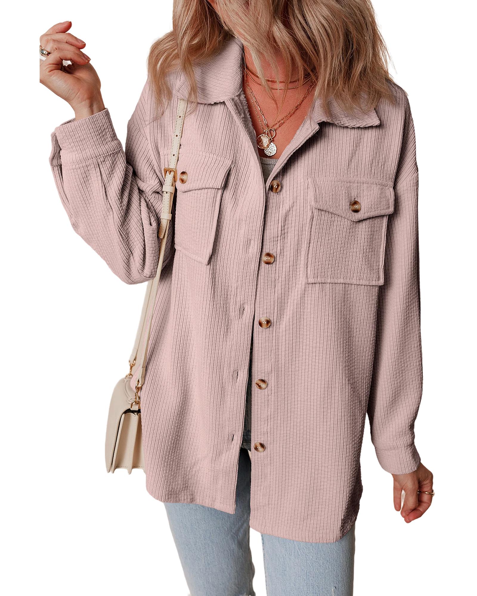 Light Pink Corduroy Flap Pocket Button Up Shacket - XL 6