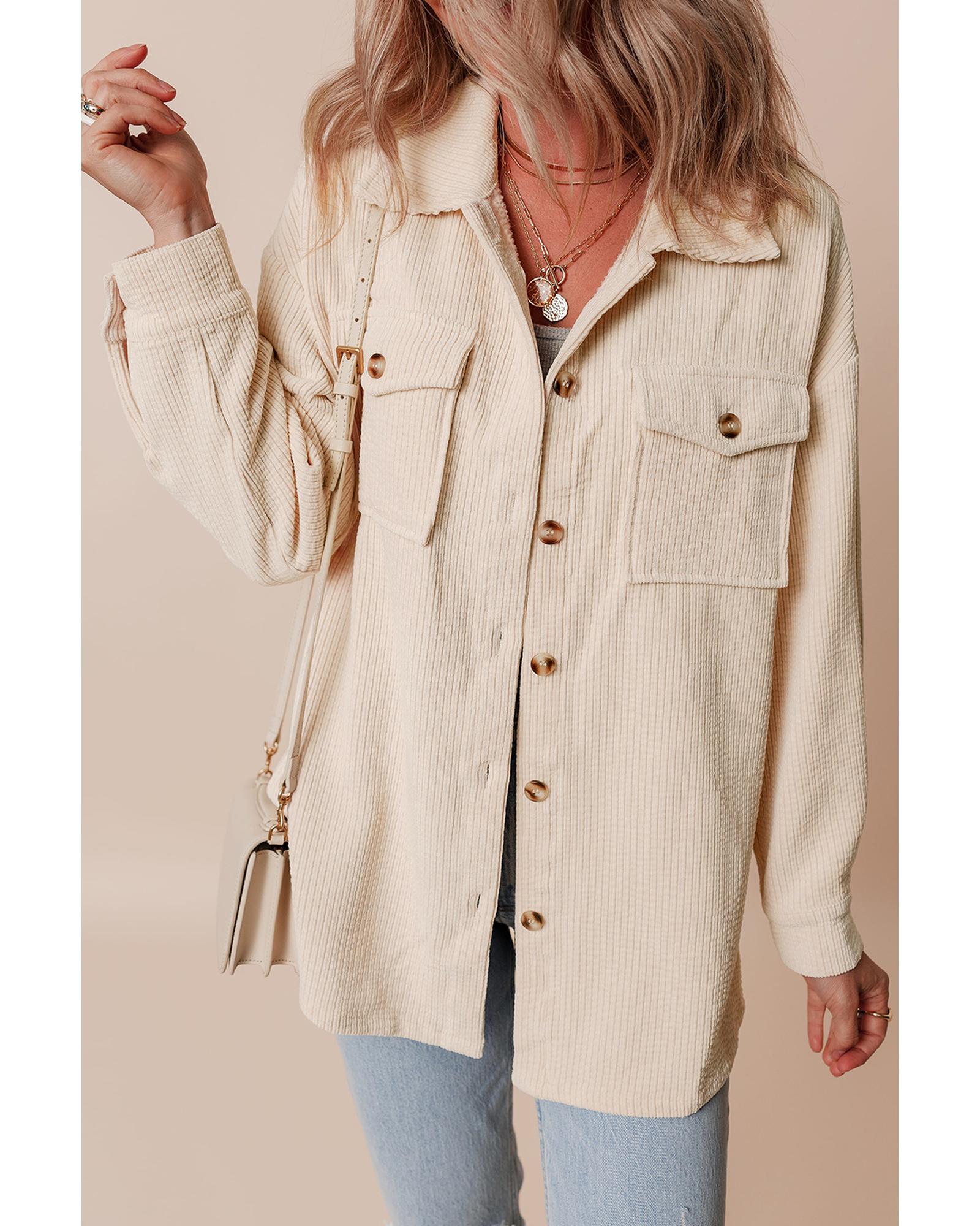 Oatmeal Corduroy Flap Pocket Button Up Shacket - XL
