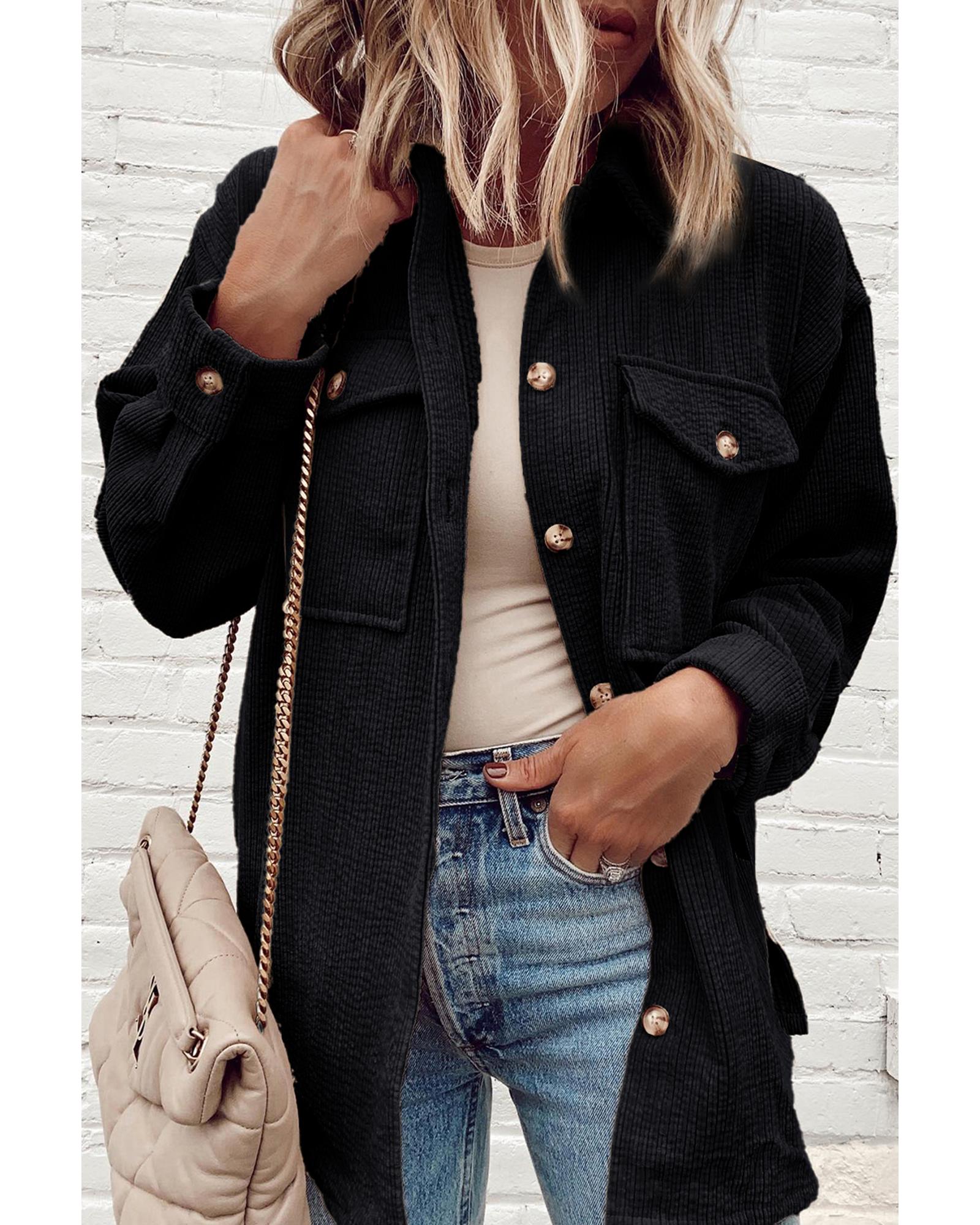 Black Corduroy Flap Pocket Button Up Shacket - L