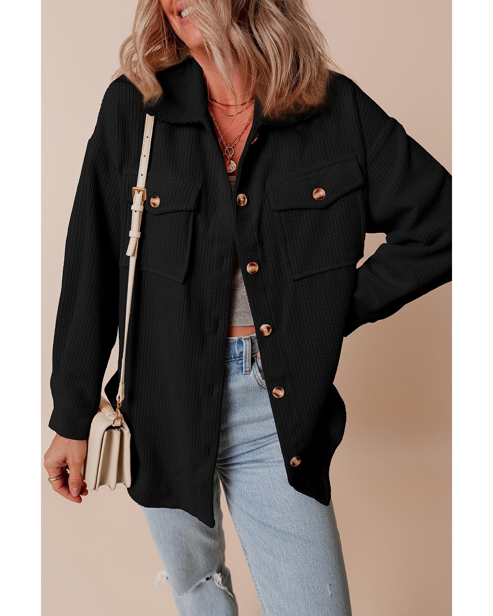 Black Corduroy Flap Pocket Button Up Shacket - S