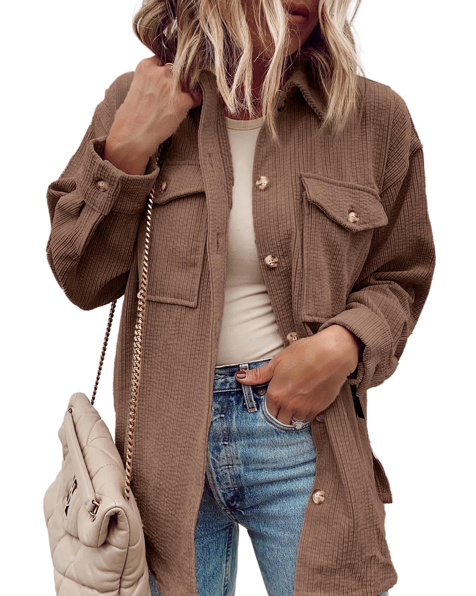 Chestnut Corduroy Flap Pocket Button Up Shacket - L 7