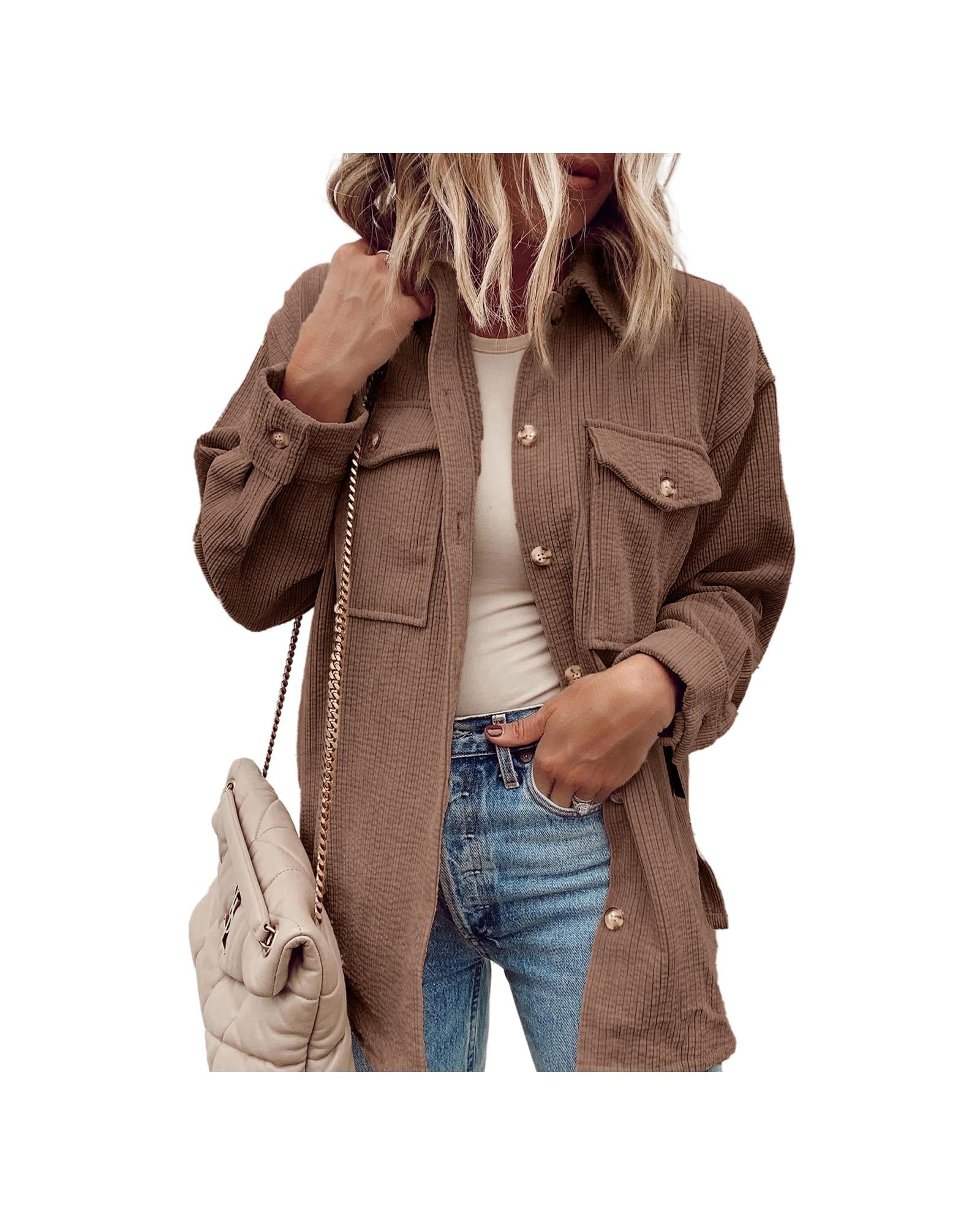 Chestnut Corduroy Flap Pocket Button Up Shacket - M 4