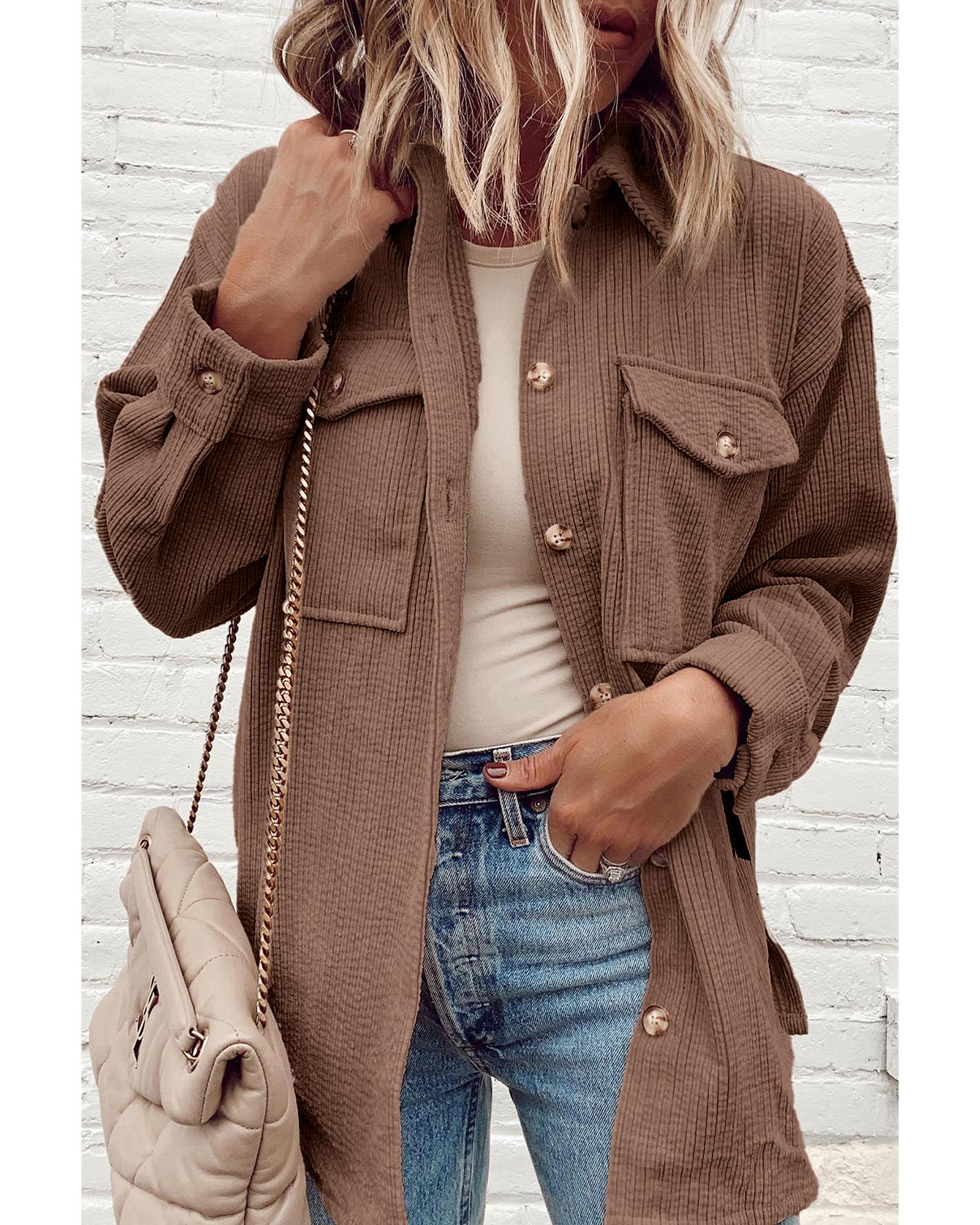 Chestnut Corduroy Flap Pocket Button Up Shacket - S
