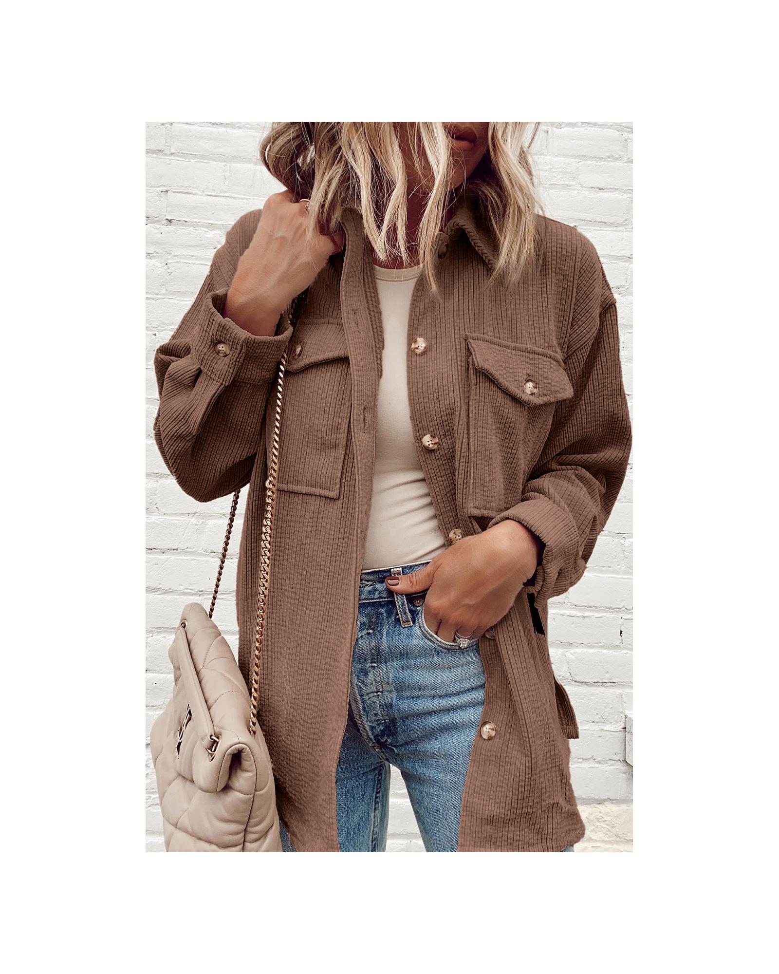 Chestnut Corduroy Flap Pocket Button Up Shacket - S 8