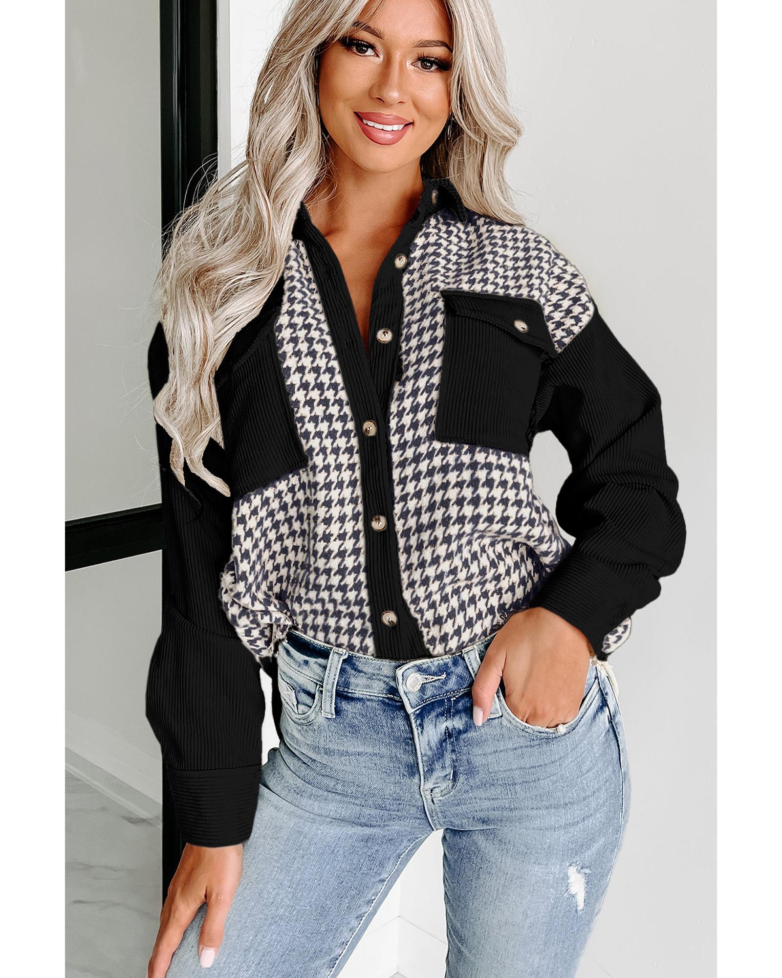 Black Houndstooth Corduroy Patchwork Flap Pocket Shacket - S