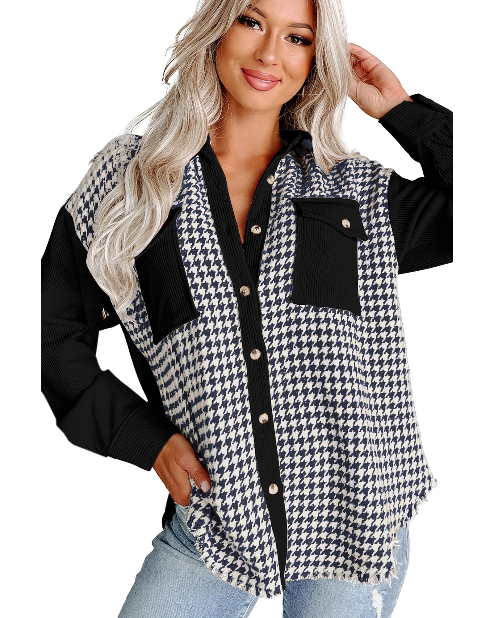 Black Houndstooth Corduroy Patchwork Flap Pocket Shacket - XL