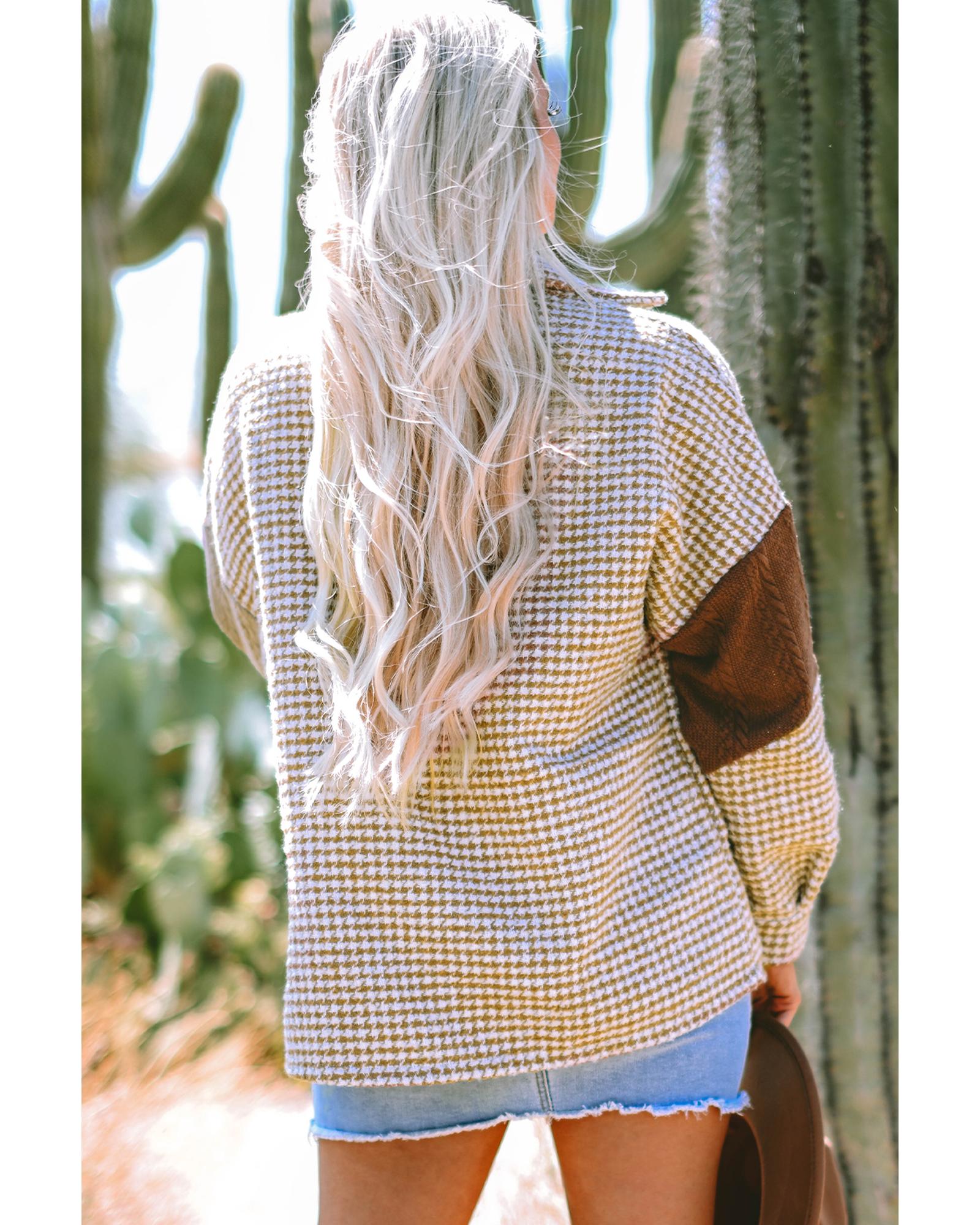 Khaki Houndstooth Color Contrast Textured Patchwork Loose Shacket - 2XL