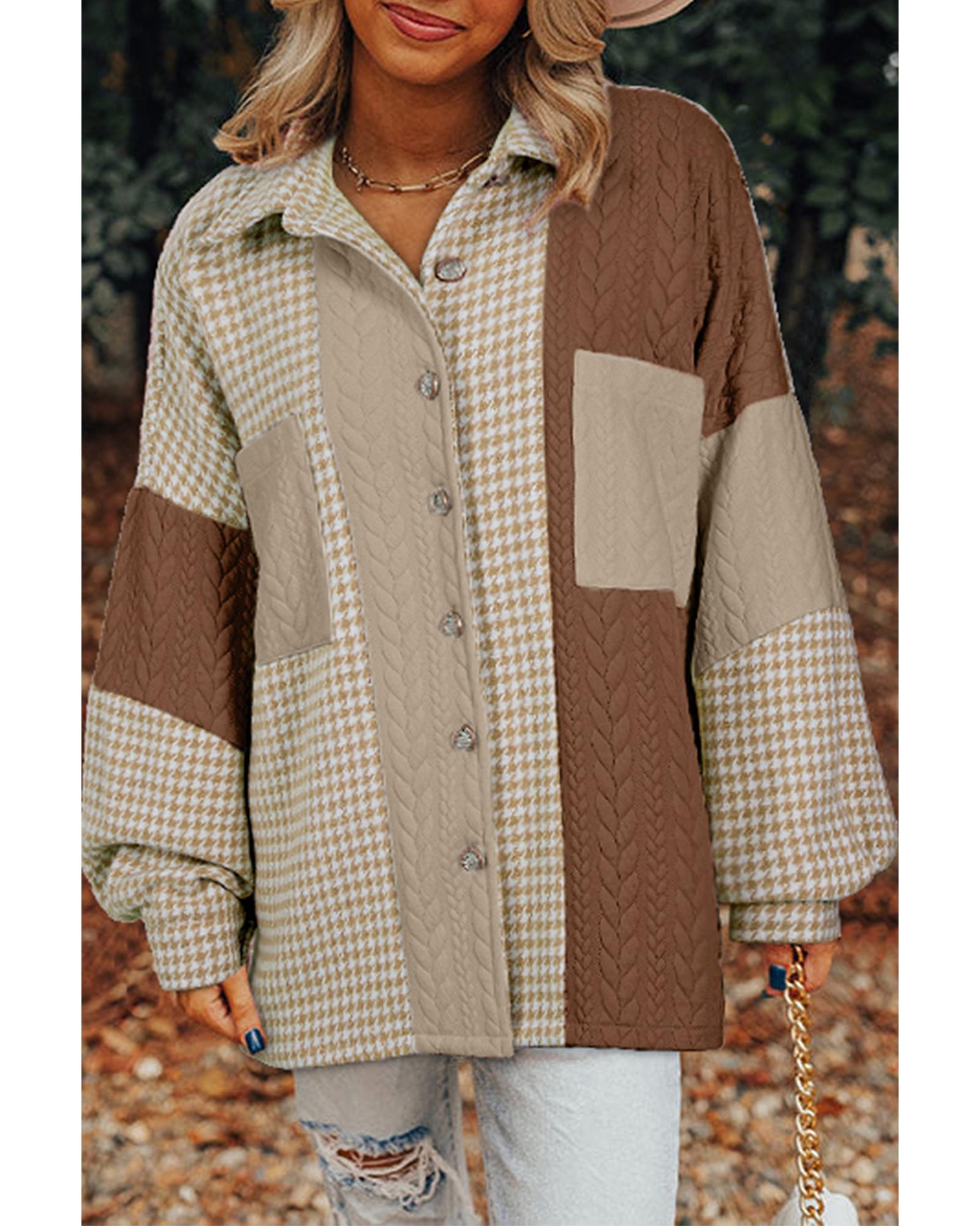 Khaki Houndstooth Color Contrast Textured Patchwork Loose Shacket - 2XL 4