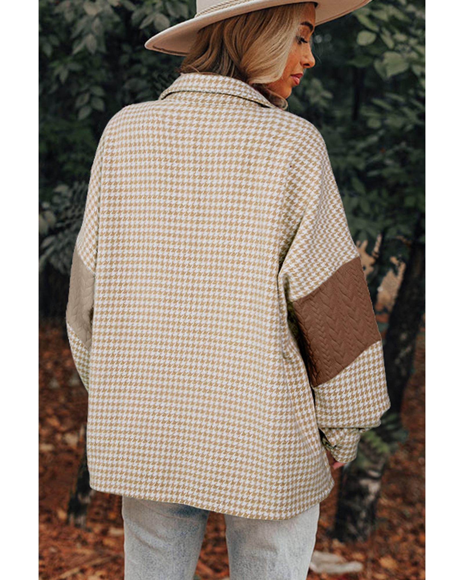 Khaki Houndstooth Color Contrast Textured Patchwork Loose Shacket - L 5