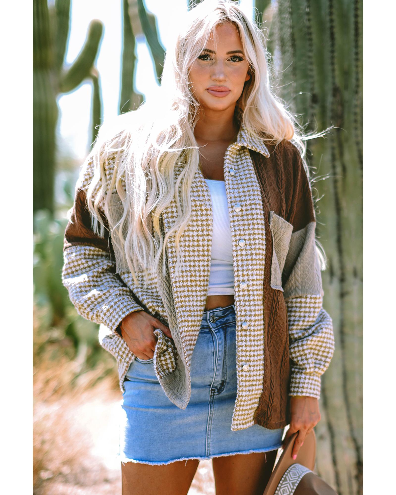 Khaki Houndstooth Color Contrast Textured Patchwork Loose Shacket - M