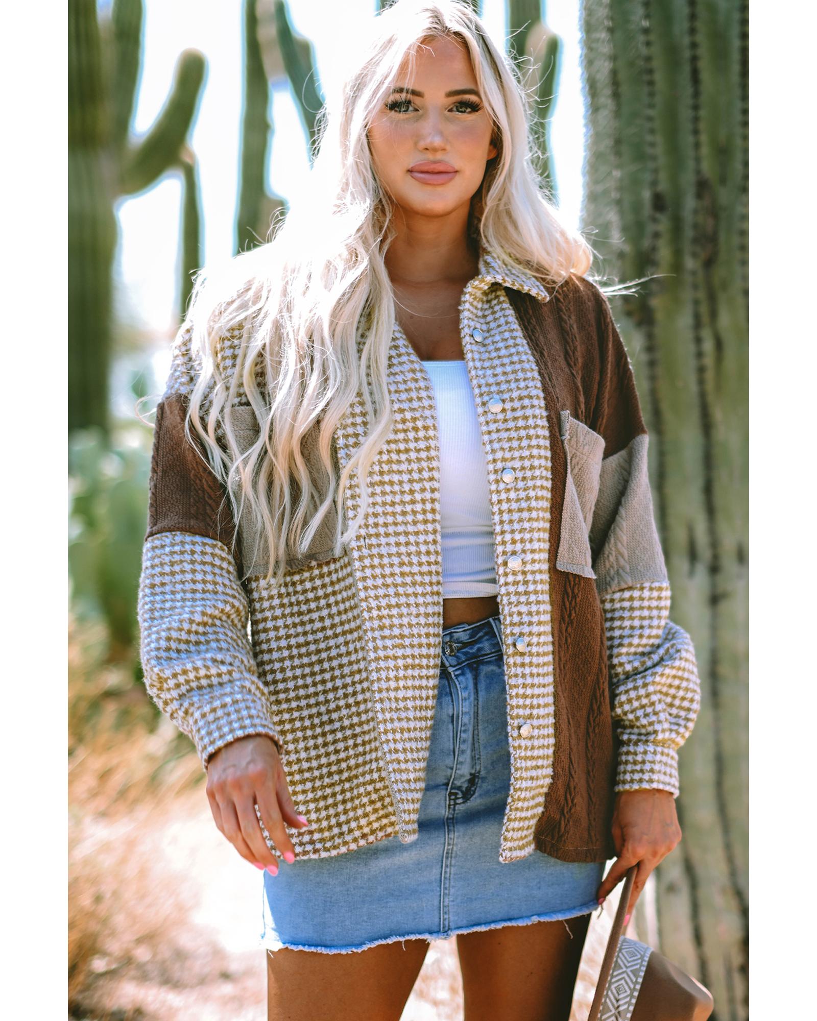 Khaki Houndstooth Color Contrast Textured Patchwork Loose Shacket - S 3