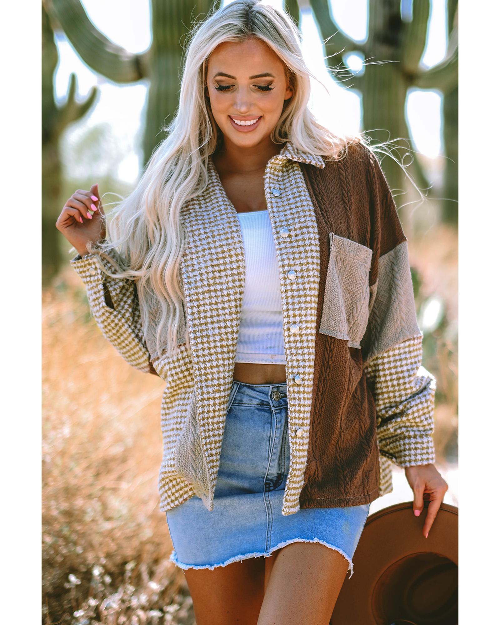 Khaki Houndstooth Color Contrast Textured Patchwork Loose Shacket - XL