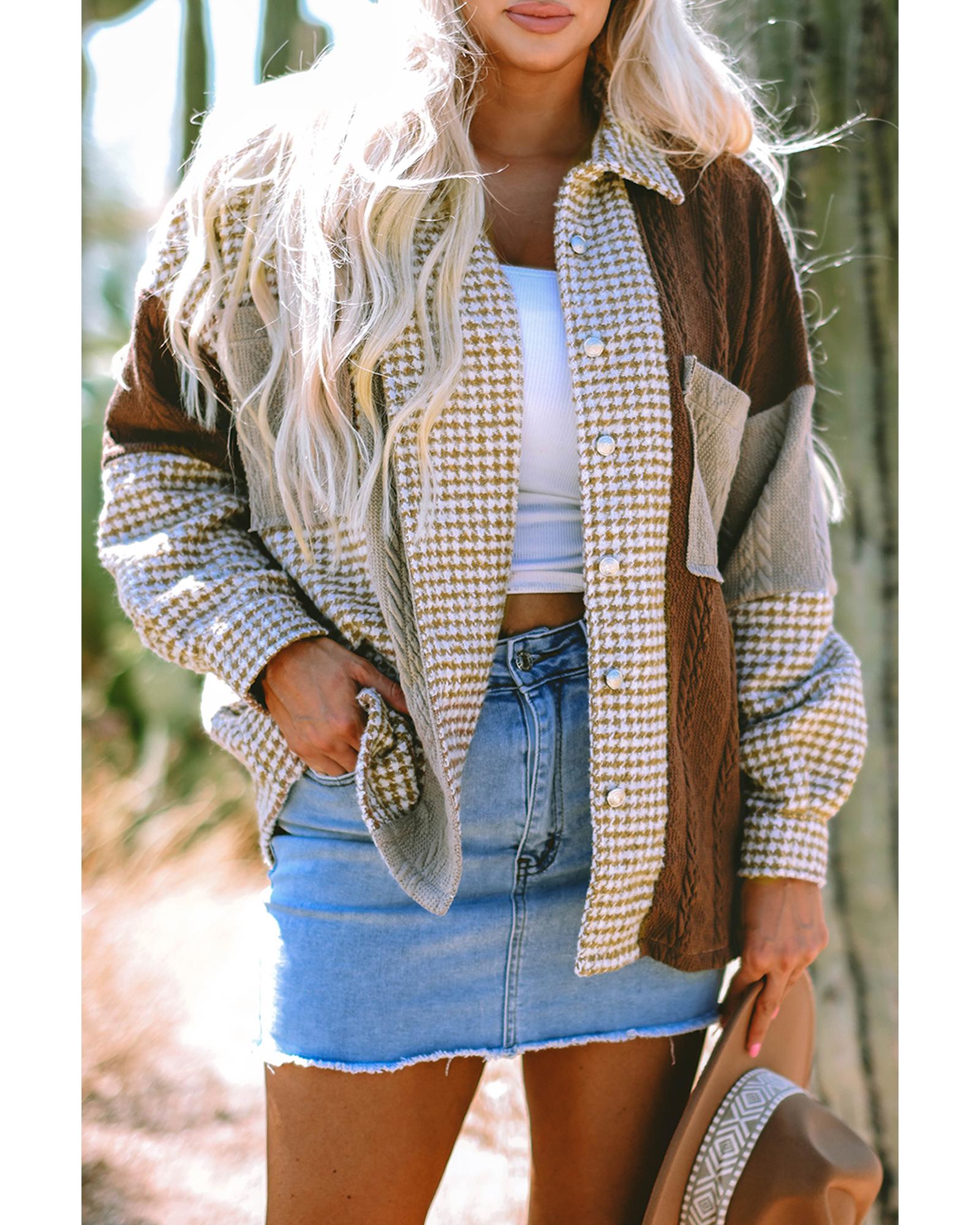 Khaki Houndstooth Color Contrast Textured Patchwork Loose Shacket - XL 7