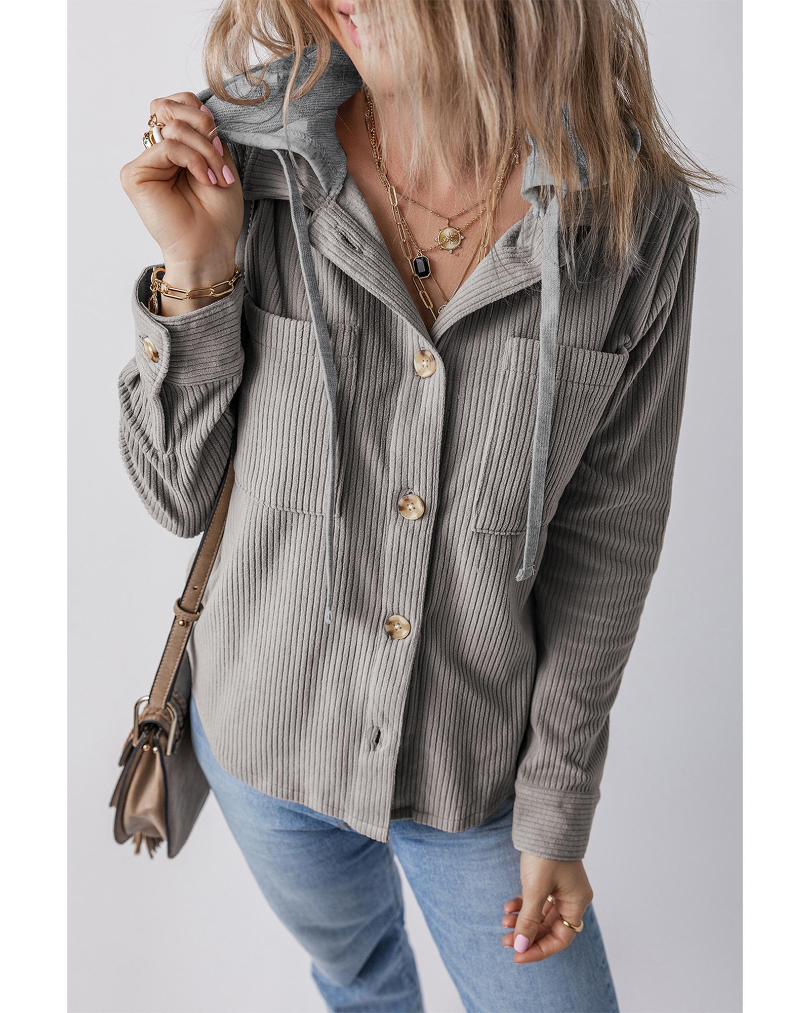 Light Grey Hooded Drawstring Pockets Corduroy Shacket - L 3