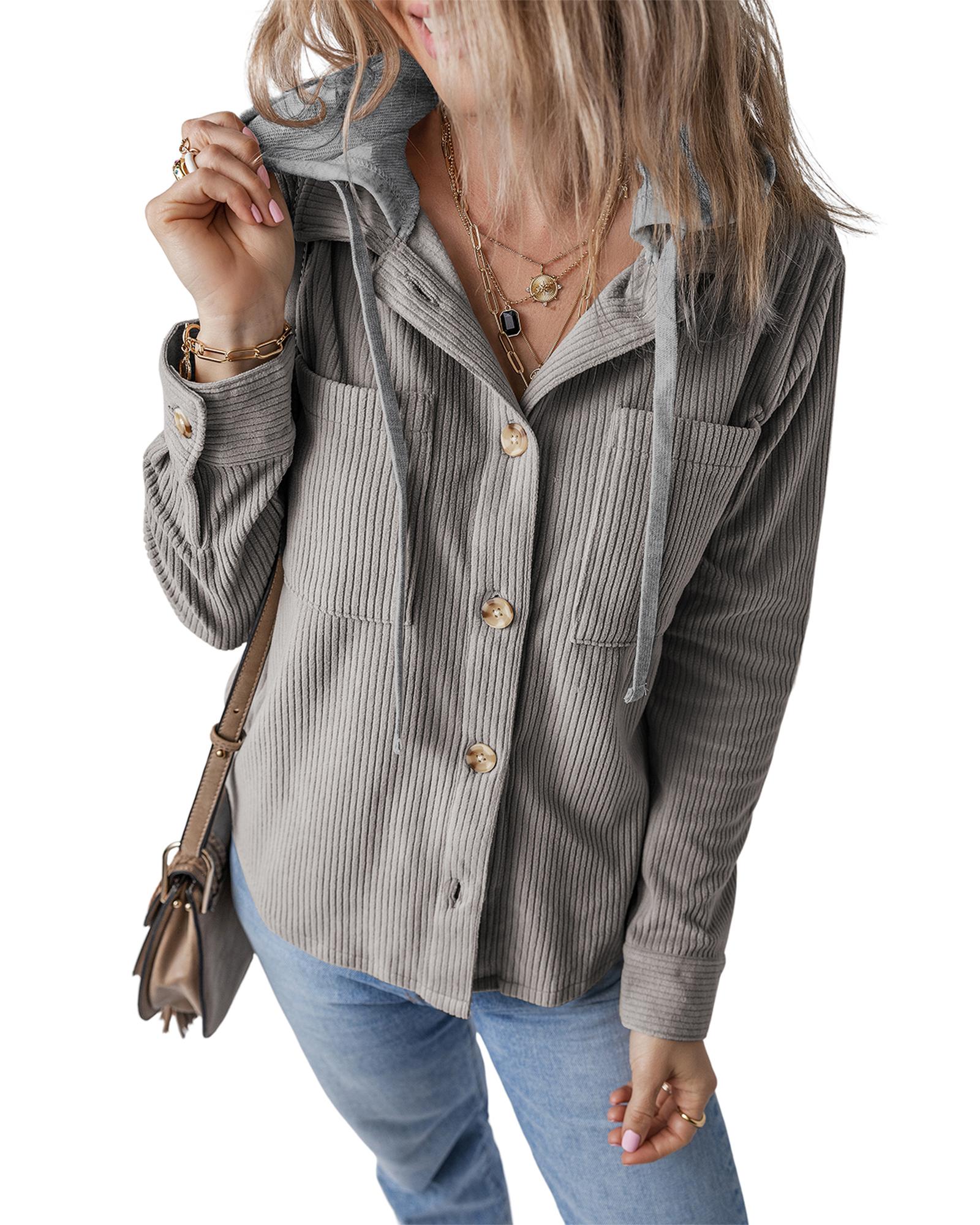 Light Grey Hooded Drawstring Pockets Corduroy Shacket - L 4