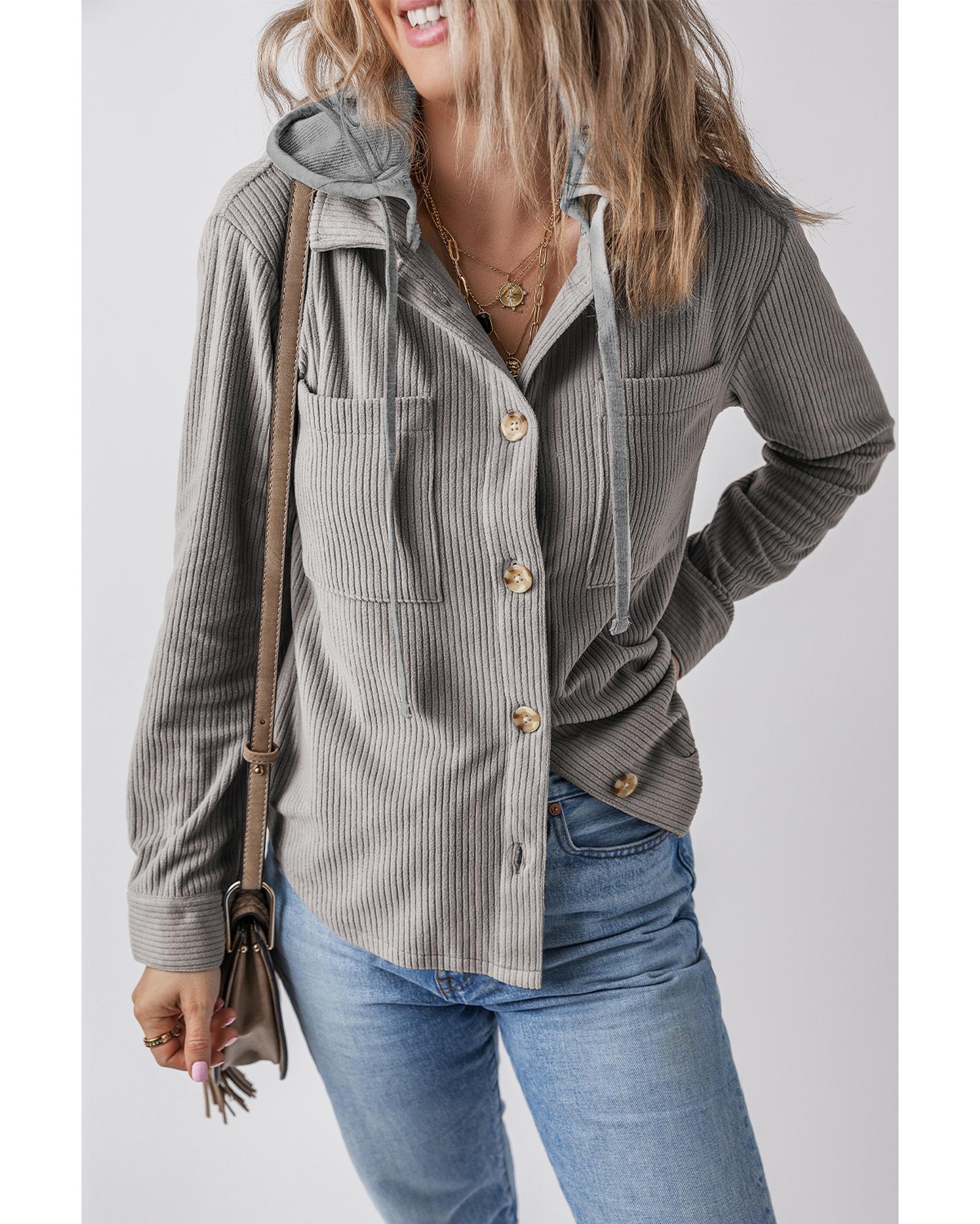 Light Grey Hooded Drawstring Pockets Corduroy Shacket - L 5