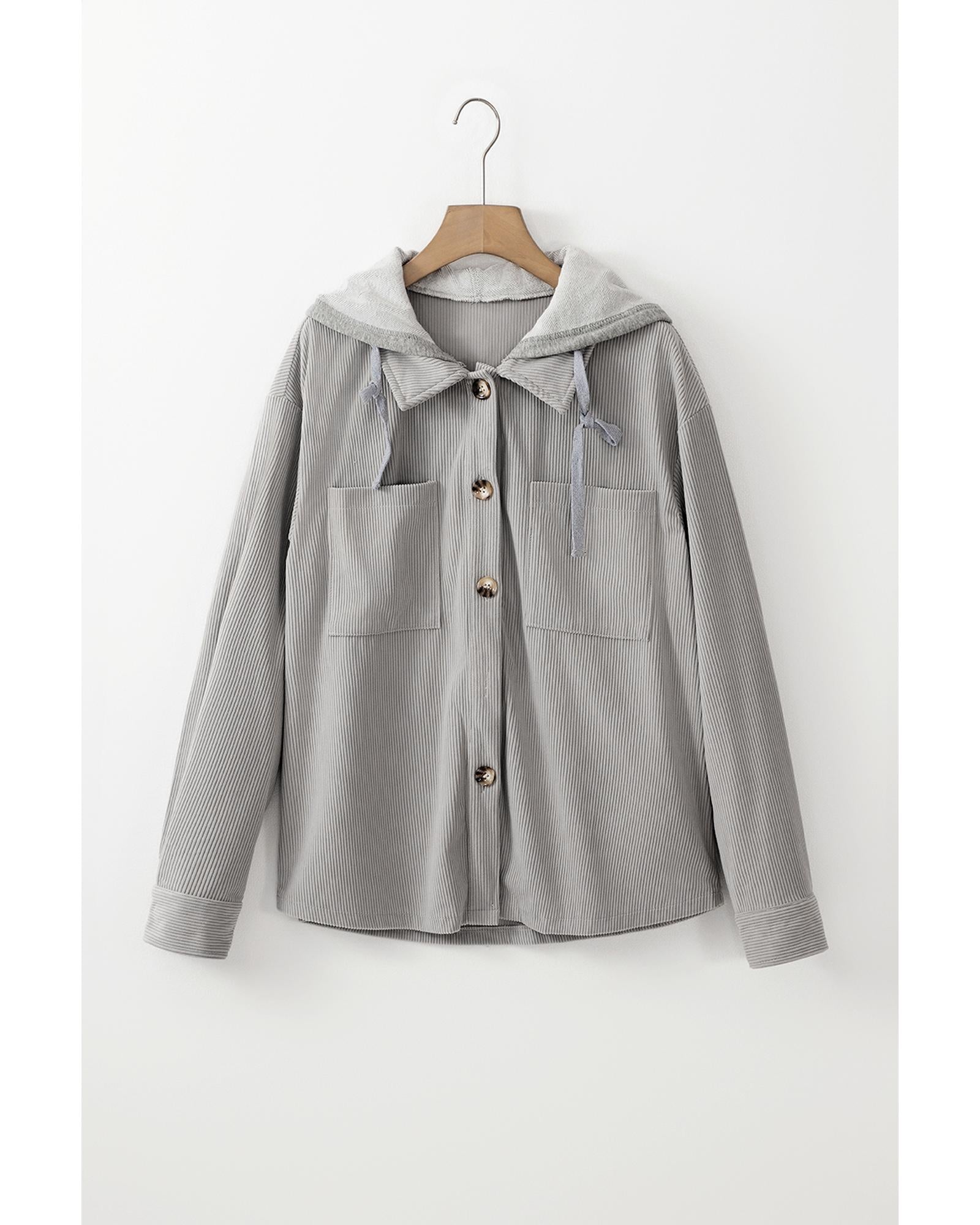 Light Grey Hooded Drawstring Pockets Corduroy Shacket - L 6