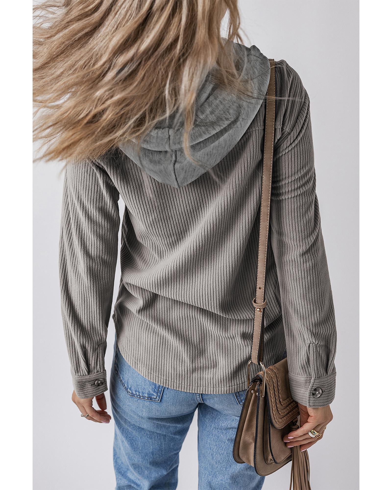 Light Grey Hooded Drawstring Pockets Corduroy Shacket - L 8