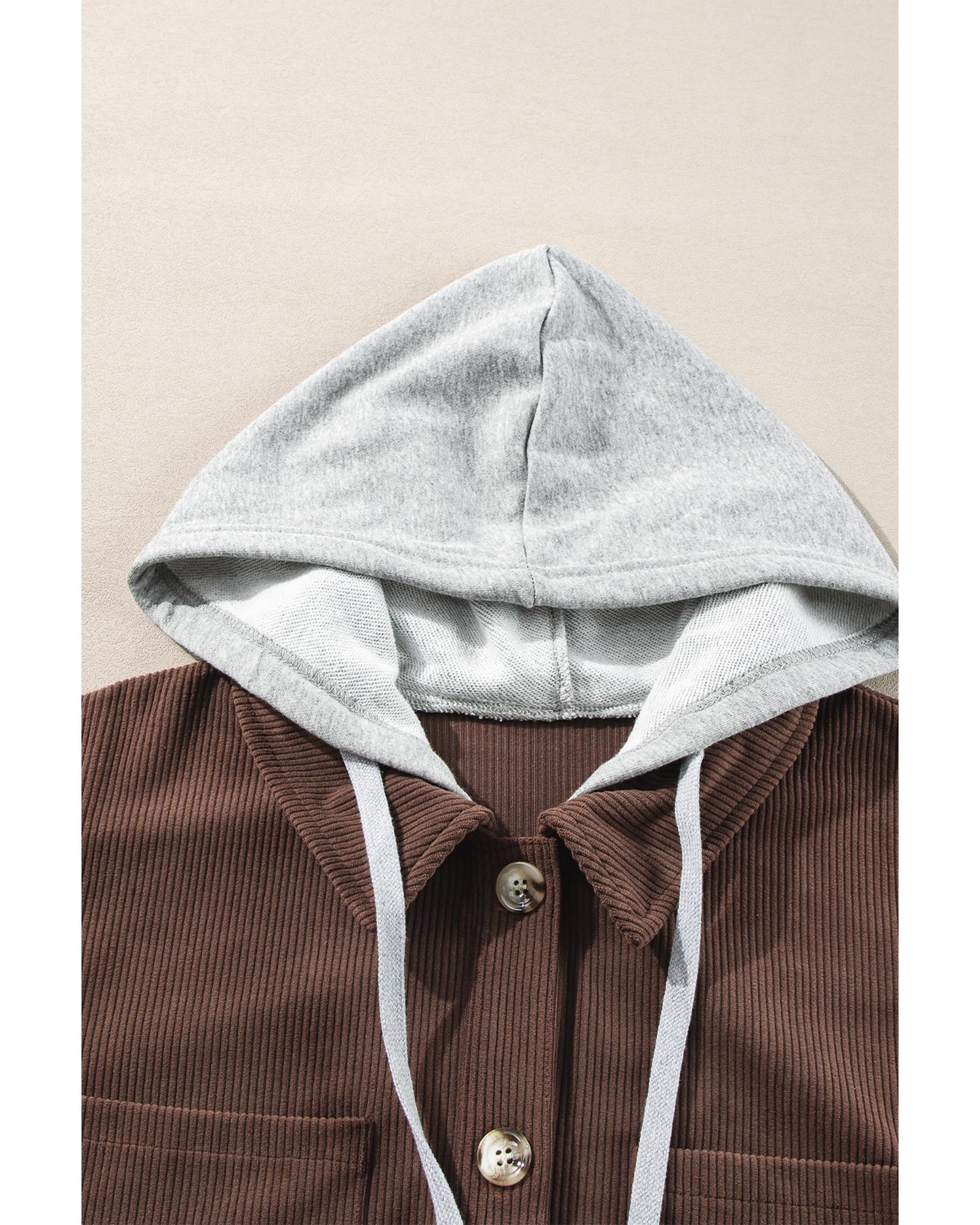 Coffee Hooded Drawstring Pockets Corduroy Shacket - 2XL 6