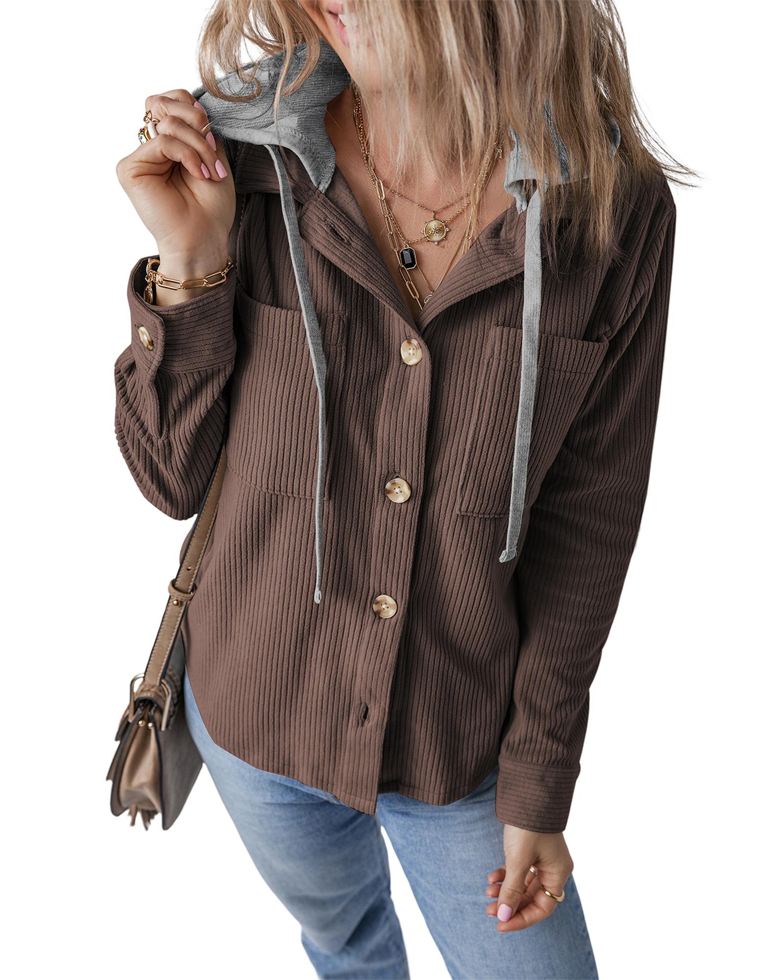 Coffee Hooded Drawstring Pockets Corduroy Shacket - S