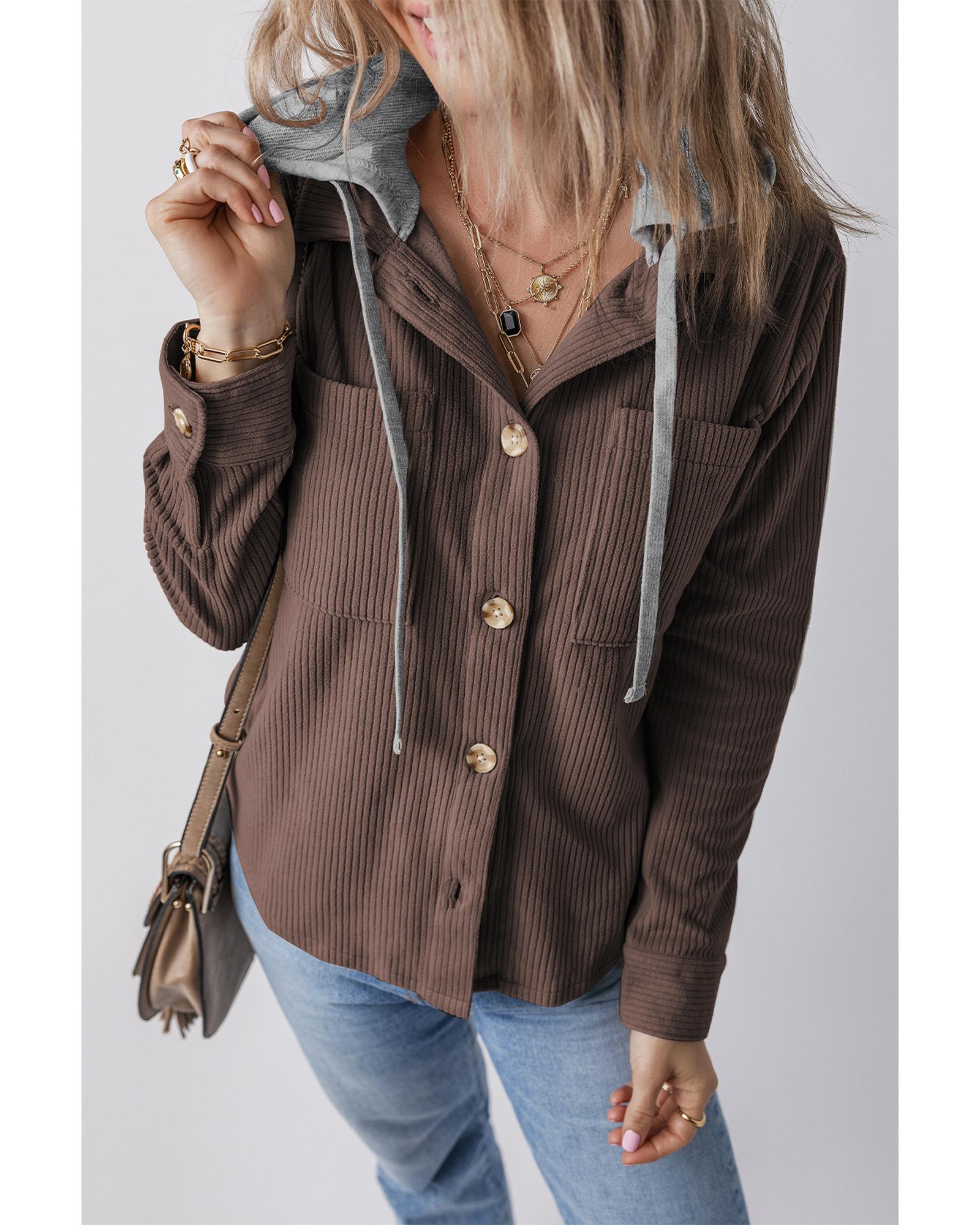 Coffee Hooded Drawstring Pockets Corduroy Shacket - S 4