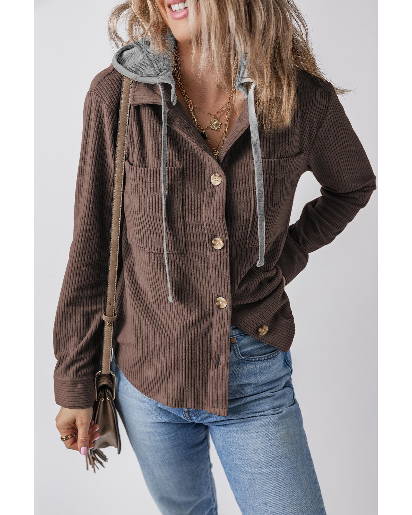 Coffee Hooded Drawstring Pockets Corduroy Shacket - XL 5