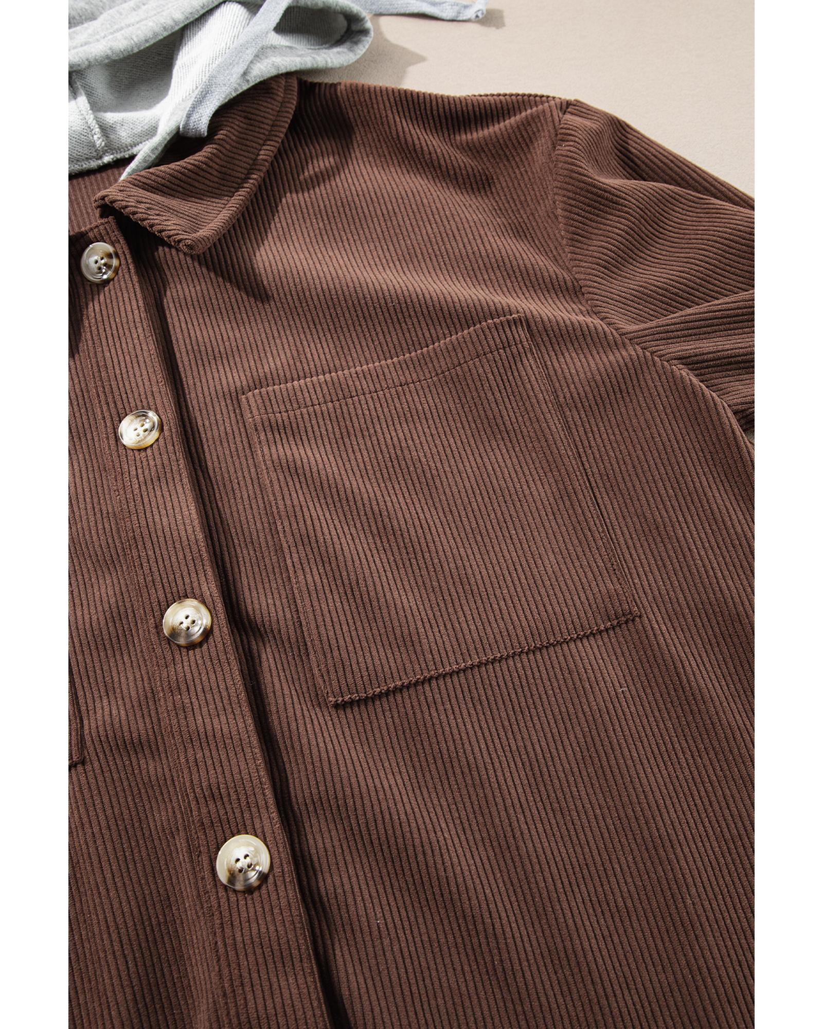 Coffee Hooded Drawstring Pockets Corduroy Shacket - XL 7