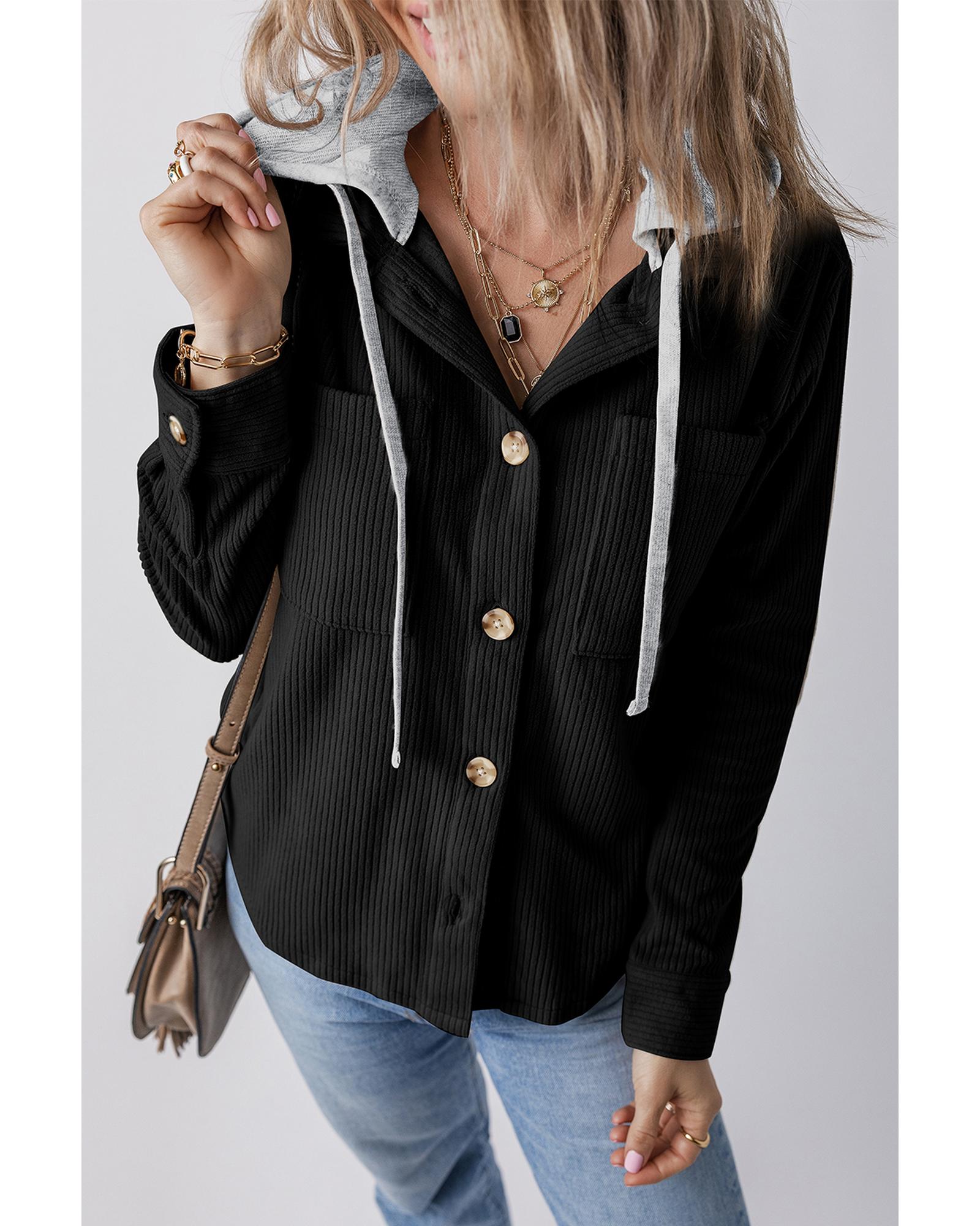 Black Hooded Drawstring Pockets Corduroy Shacket - L