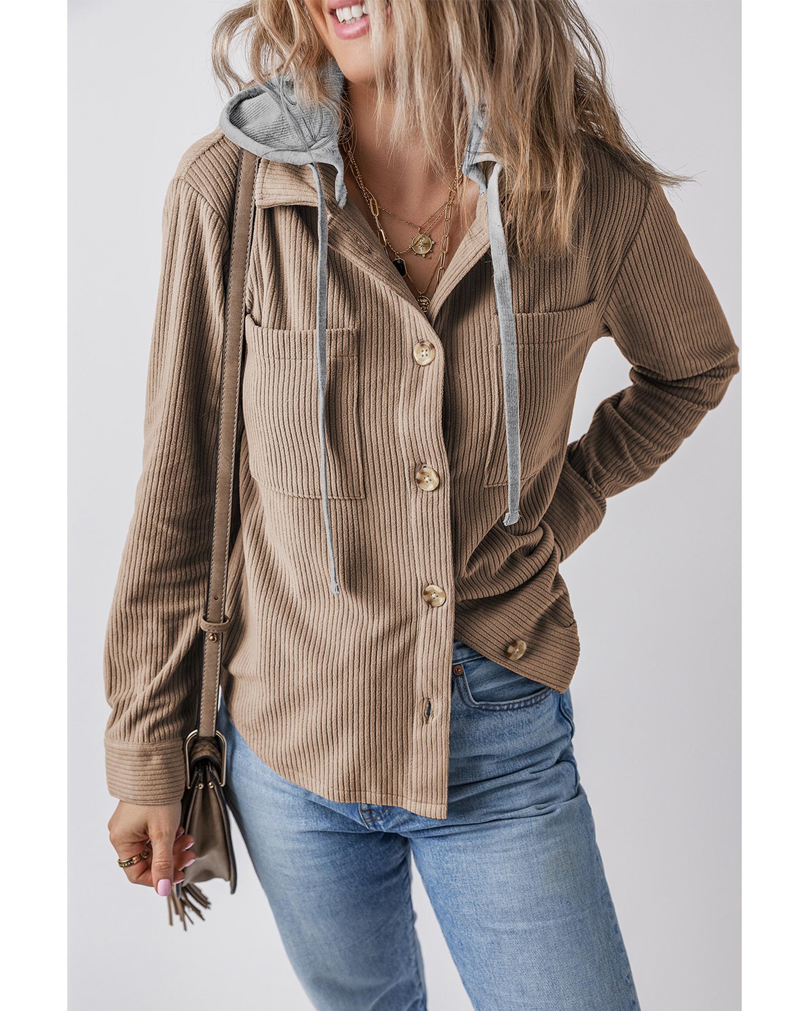 Pale Khaki Hooded Drawstring Pockets Corduroy Shacket - 2XL