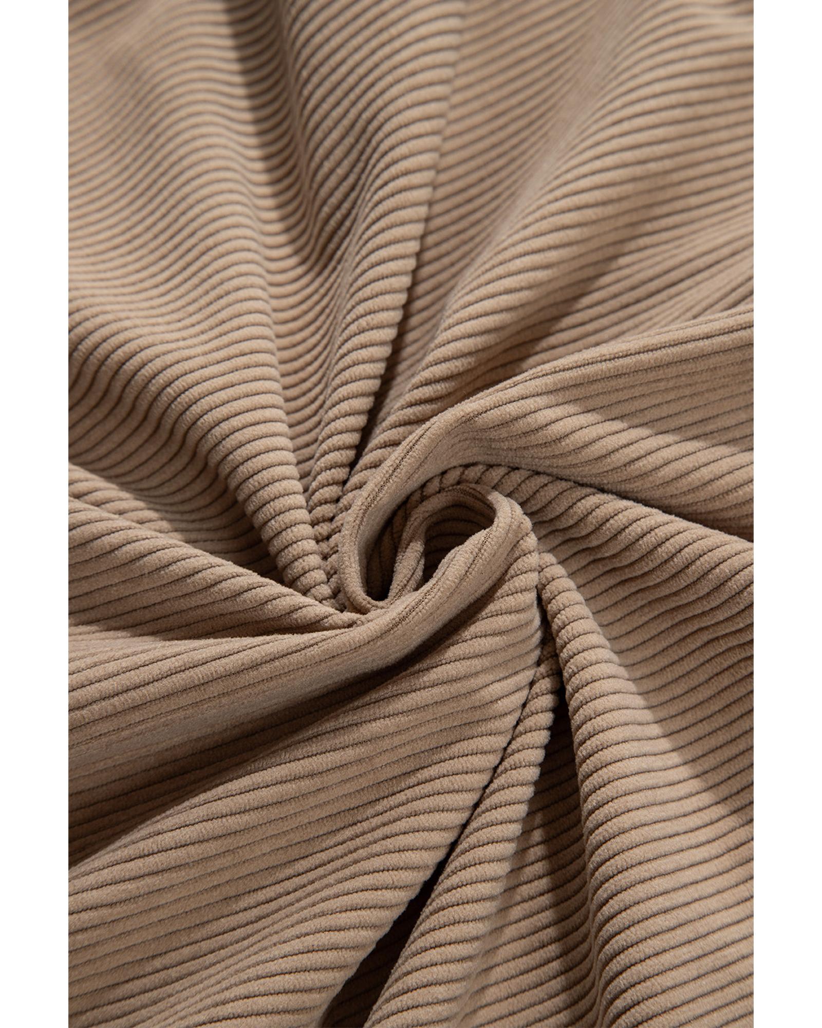 Pale Khaki Hooded Drawstring Pockets Corduroy Shacket - XL