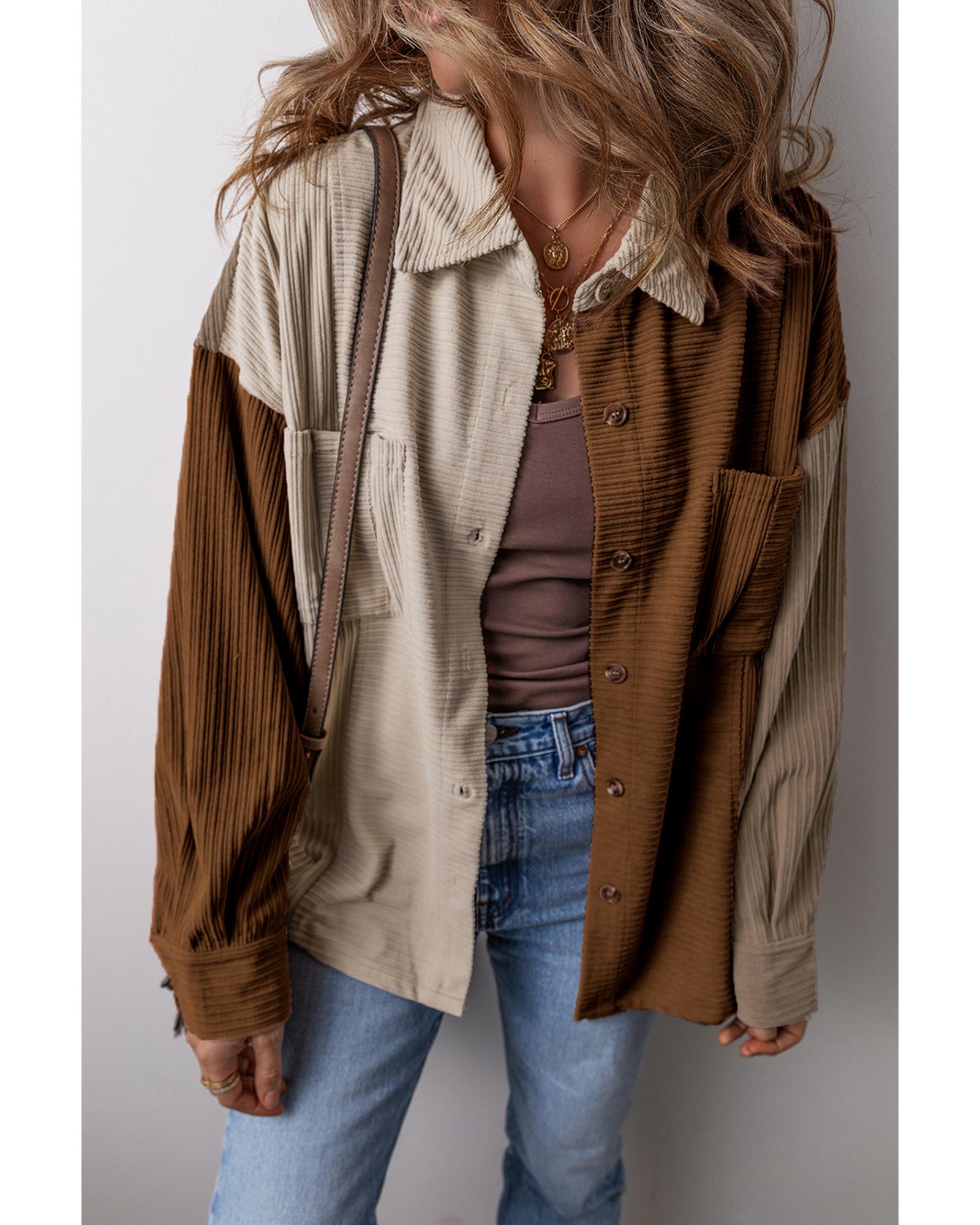 Brown Color Block Chest Pockets Buttoned Corduroy Shacket - 2XL 5