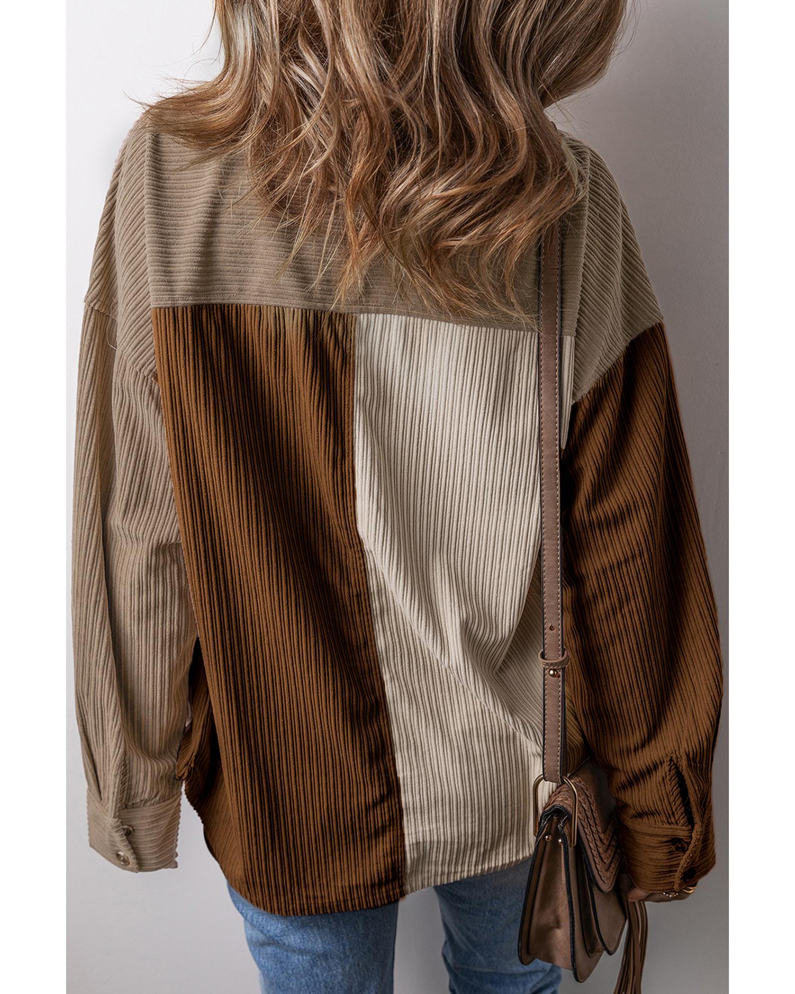 Brown Color Block Chest Pockets Buttoned Corduroy Shacket - L 3