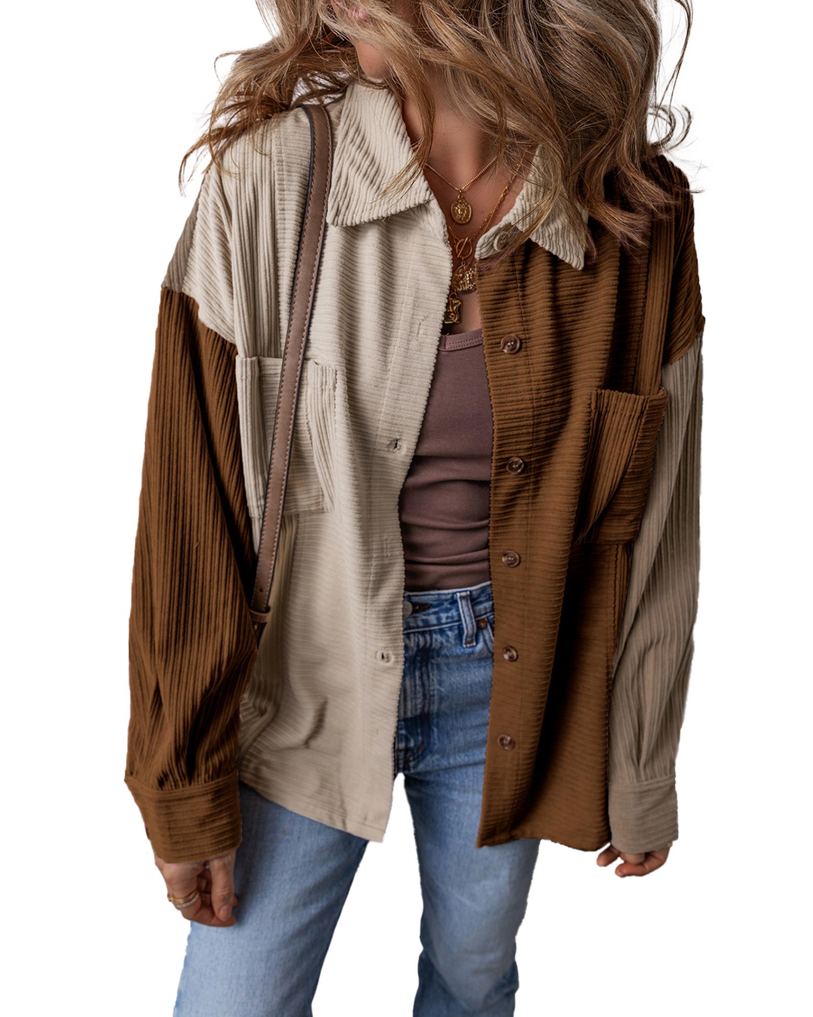 Brown Color Block Chest Pockets Buttoned Corduroy Shacket - S 6